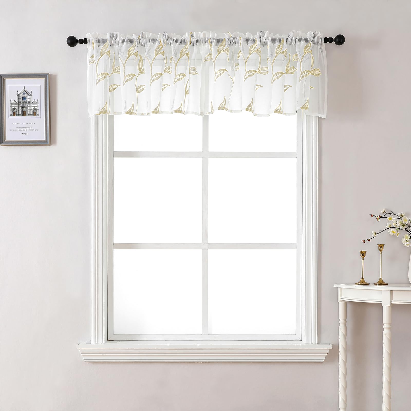 VISIONTEX Sheer Curtains 84 Inches Long 2 Panels Set Cream Beige Embroidered Floral Leaf Pattern Rod Pocket Semi Sheer Voile Window Curtains/Drapes for Bedroom Living Room 54 x 84 Inches
