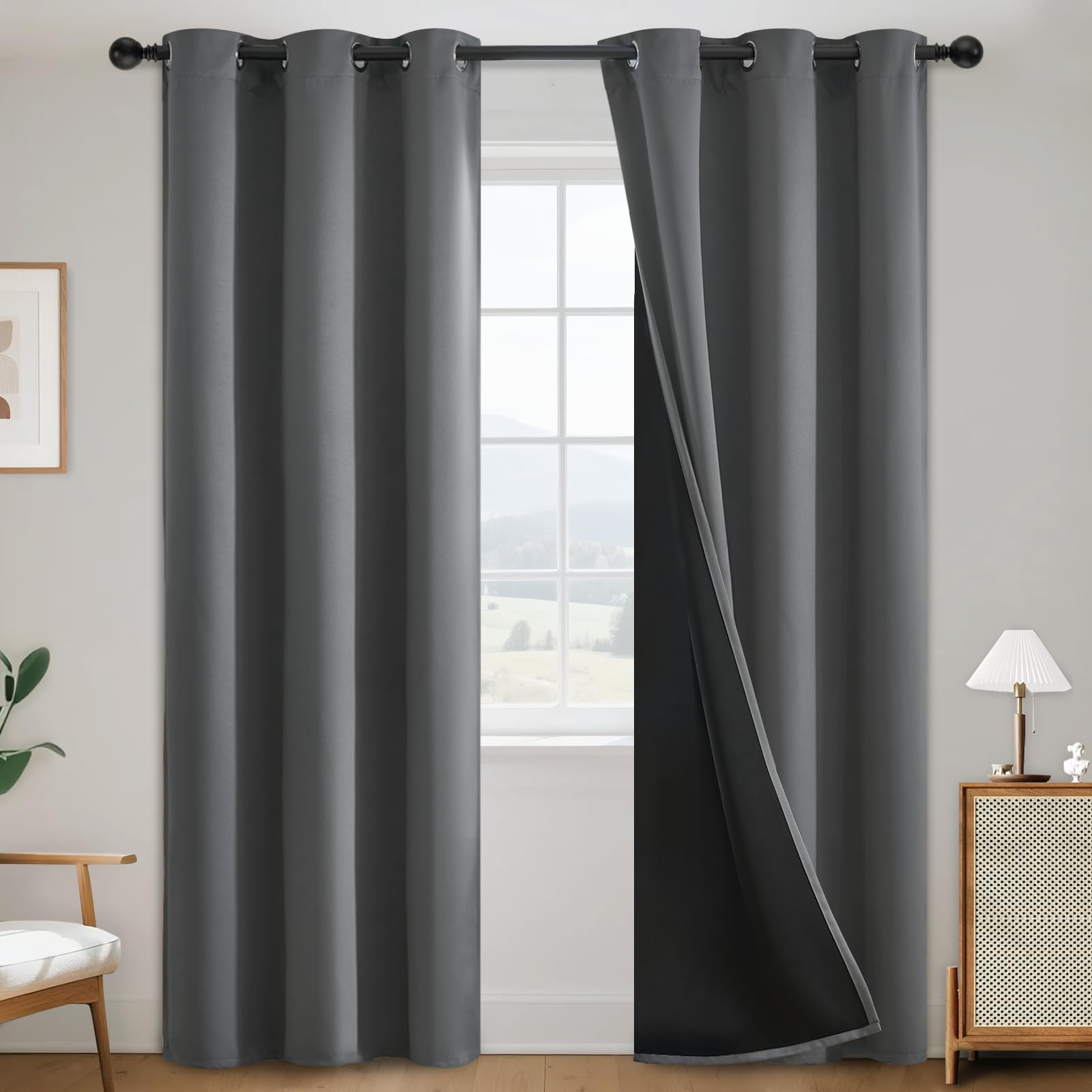 SimpleHome 100% Blackout Curtains for Bedroom,Thermal Insulated Grommet Window Drapes Room Darkening Cream Curtains for Living Room with Black Back,52 x 84 Inch,2 Panels
