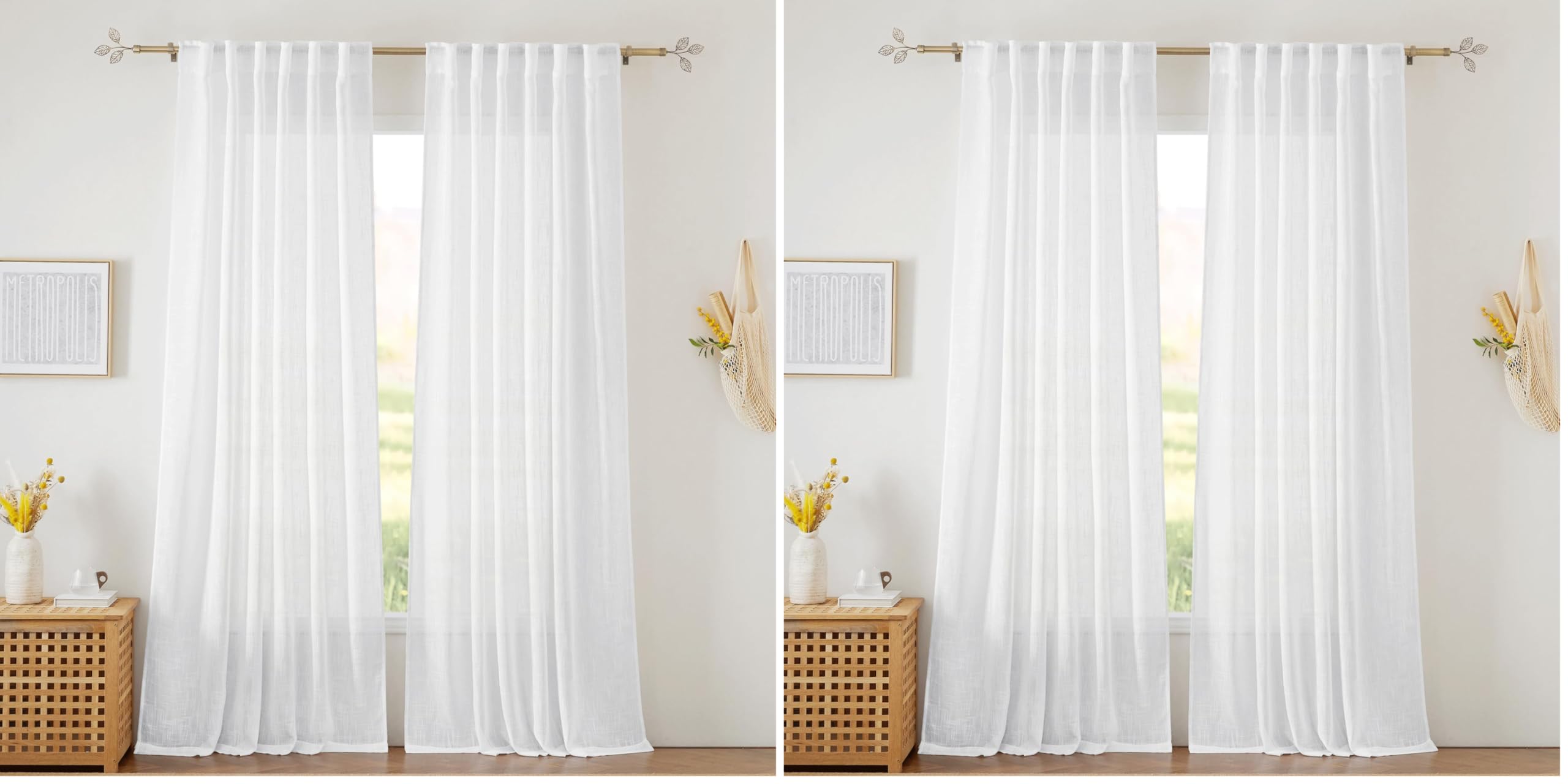 RYB HOME White Sheer Curtains Linen Texture Window Panels, Semi Sheer Light Filetring Rod Pocket & Back Tab Drapes for Bedroom, 52 x 84 inches, Pack of 2