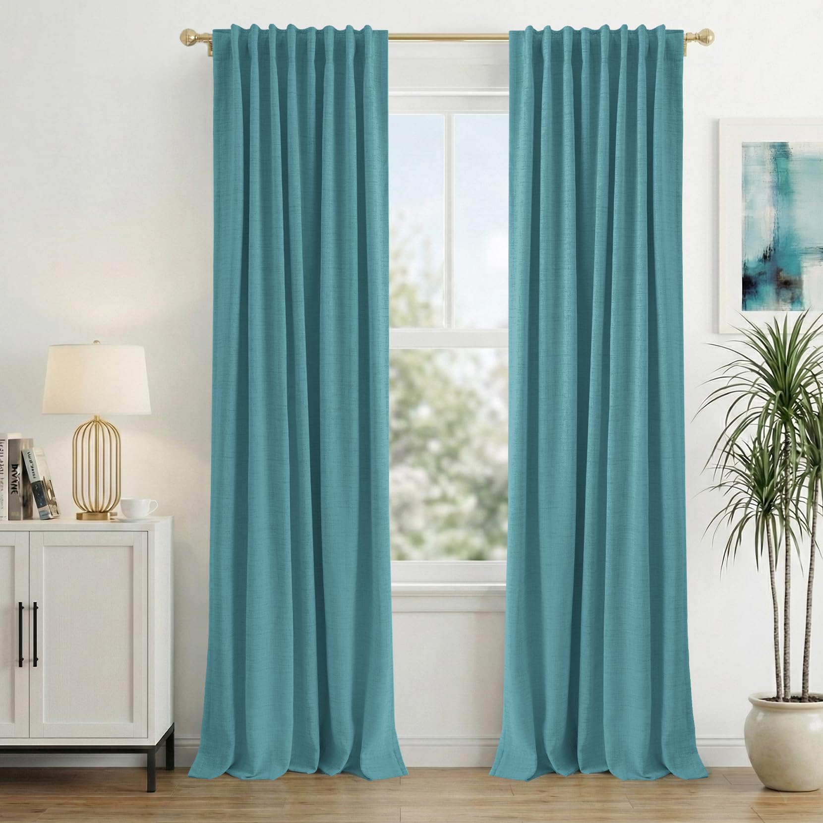 INOVADAY 100% Blackout Curtains 96 Inches Length 2 Panels Set, Back Tab/Rod Pocket Linen Black Out Curtains for Bedroom, Thermal Insulated Window Drapes - Cream, W50 X L96