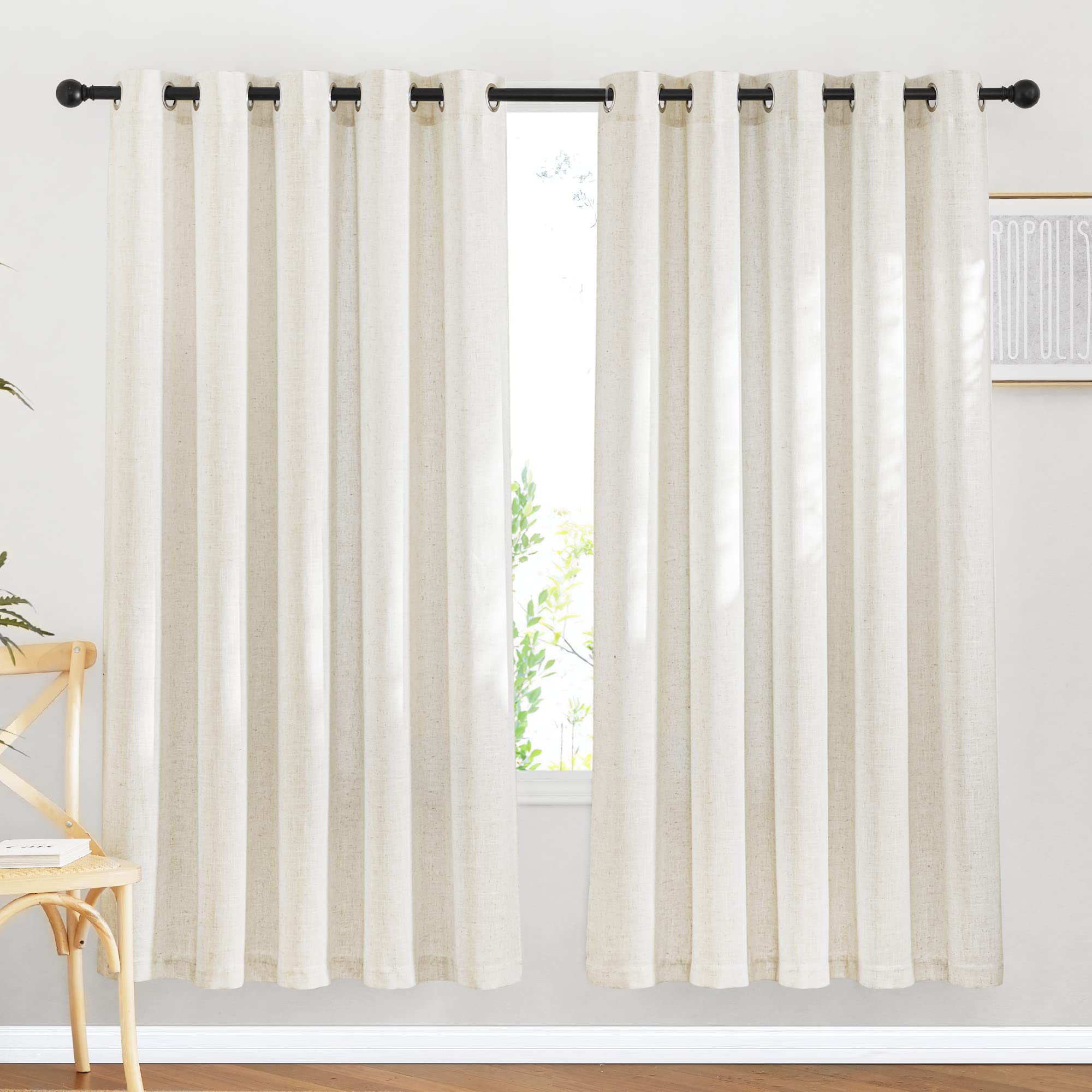 NICETOWN Semi Sheer Beige Curtains 84 inches Long, Grommet Retro Linen Curtains Window Treatments Vertical Drapes Privacy with Light Filter for Living Room, W52 x L84, 2 Panels