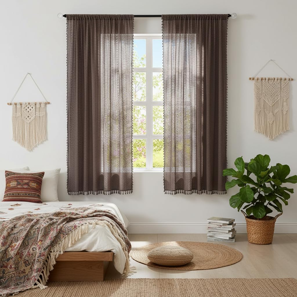 WAZZIO Boho Crochet Curtains for Living Room Lace Curtains 84 Inches Long 2 Panel, Rod Pocket Vintage Tassel Bohemian Decor Geometry Striped Light Filtering Semi Sheer Curtain Drapes for Bedroom,Beige