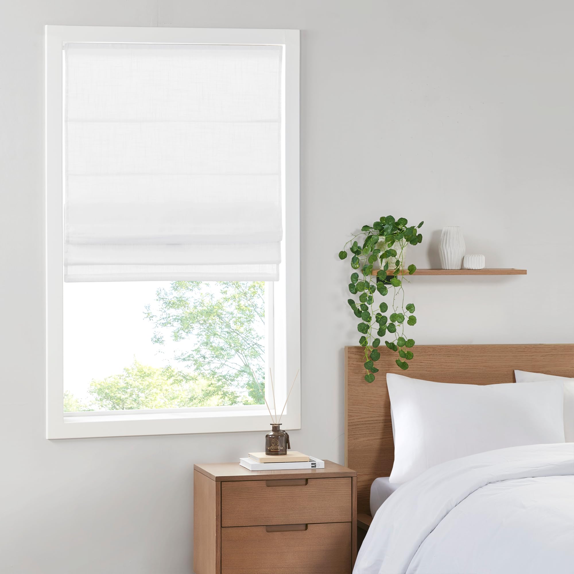 Madison Park Kyler Cordless Roman Shades - Single Panel, Lightweight Linen Blend Fabric, Natural Design, Easy Installation, Light Filtering Window Blind, Bedroom, Living Room Decor 31"W x 64"H Natural