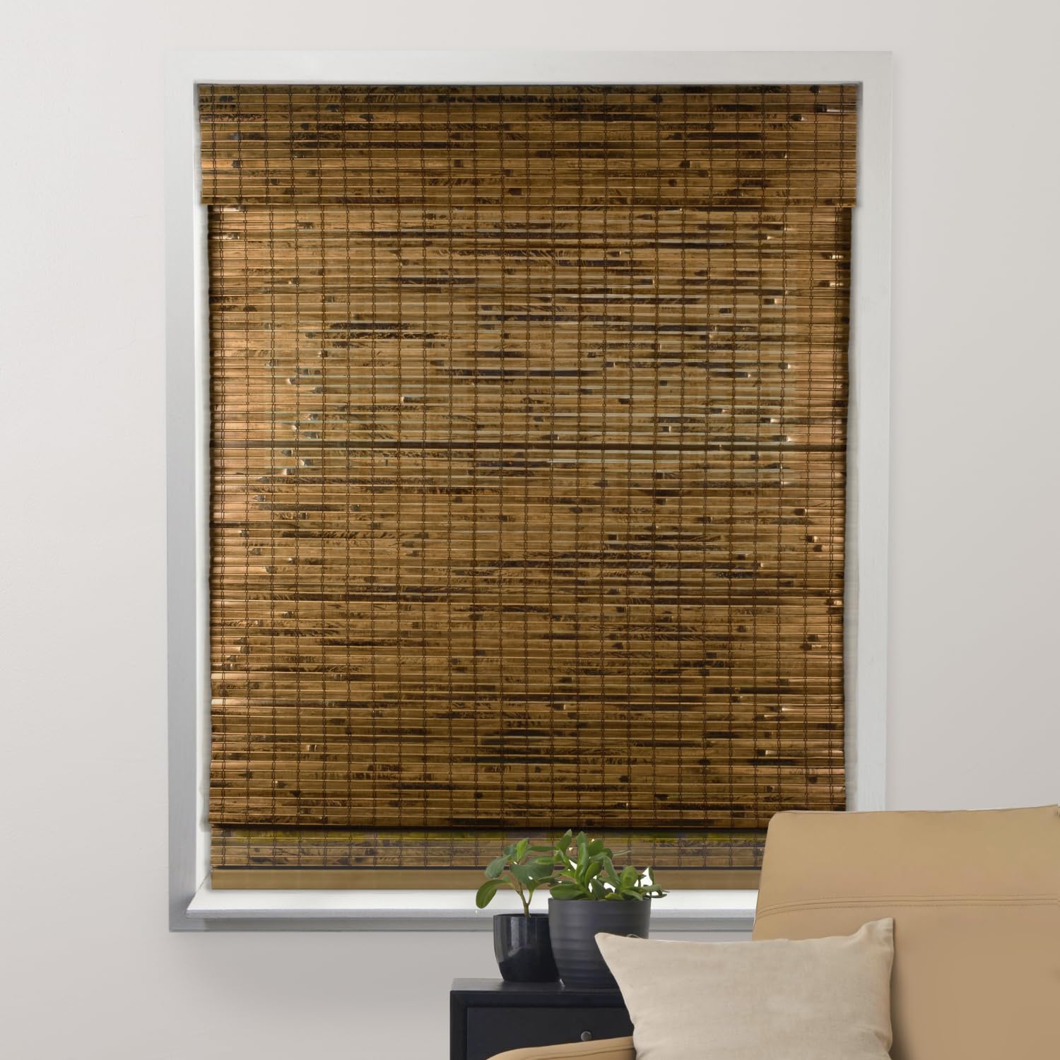 ARLO BLINDS Sheer Bamboo Roman Shades with Valance - Tuscan, 34" W x 60" H - Light Filtering Cordless Blinds for Interior Windows - Real Natural Bamboo Material - Mounting Hardware Included
