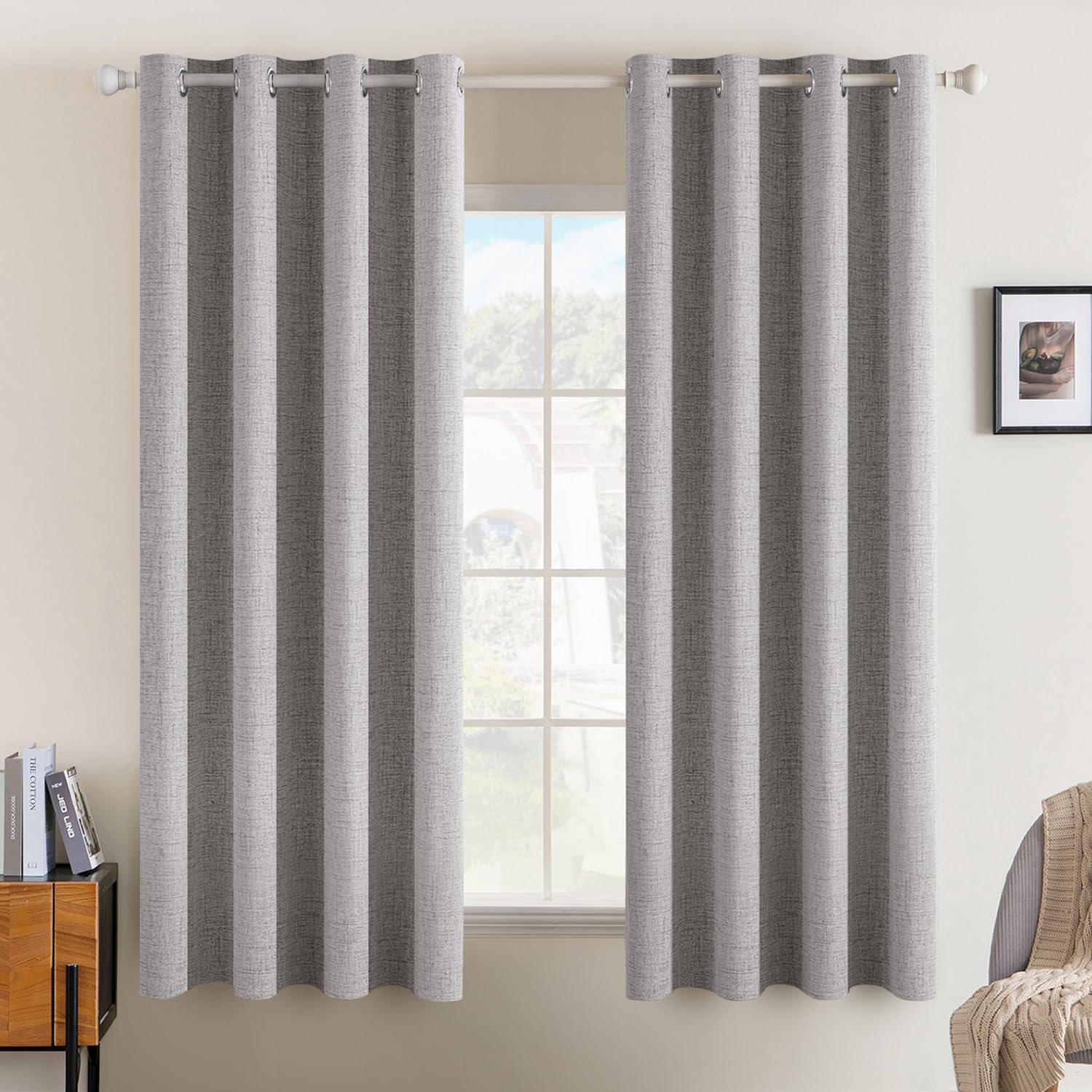 MIULEE 90 Inches Linen Textured Curtains for Bedroom 100% Blackout Thermal Insulated Natural Beige Grommet Room Darkening Curtains & Drapes Luxury Decor for Living Room Nursery 52 x 90 Inch (2 Panels)