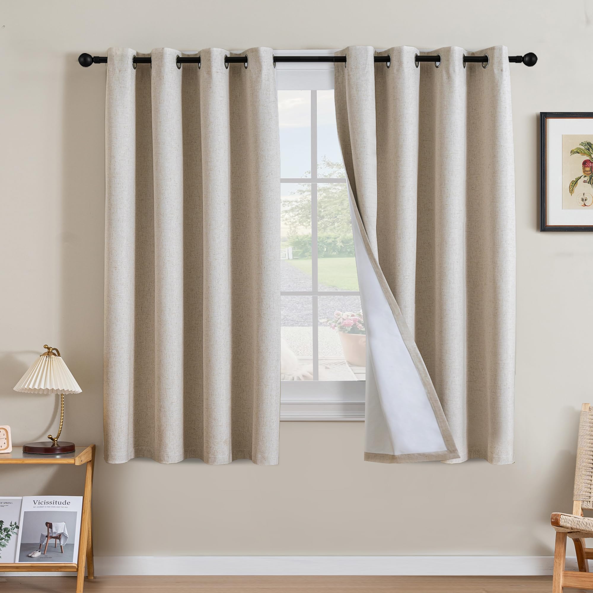 H.VERSAILTEX Linen 100% Blackout Curtains for Bedroom Full Light Blocking Curtains, Textured Window Curtain for Living Room 84 inch Grommet, Energy Efficient Curtains White Liner(2 Panels, Natural)