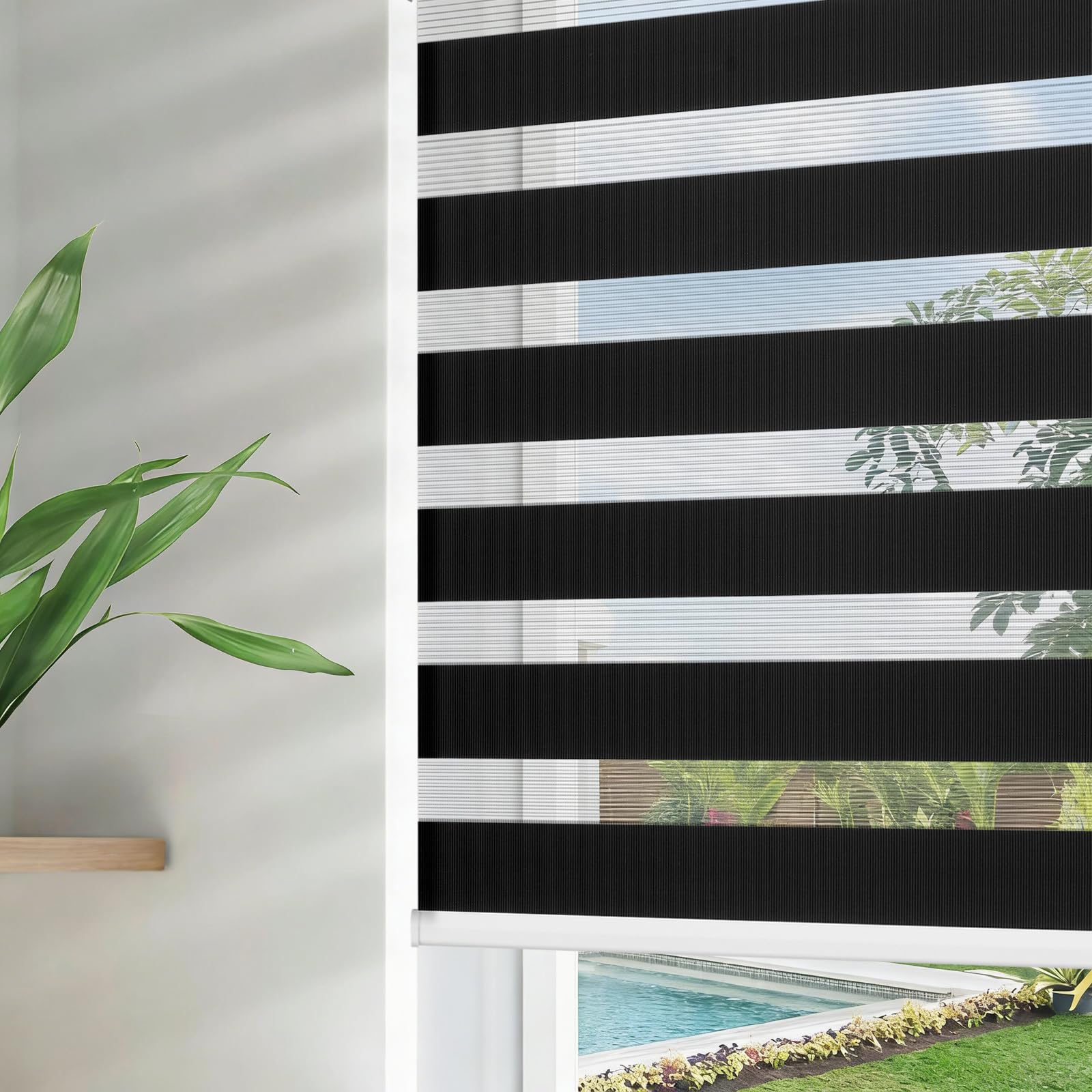 Joydeco Cordless Zebra Blinds for Windows, Dual Layer Free-Stop Zebra Shades Privacy Light Control for Day and Night, Light Filtering Sheer Blinds for Indoor Windows (Grey, 34" W x 75" H)