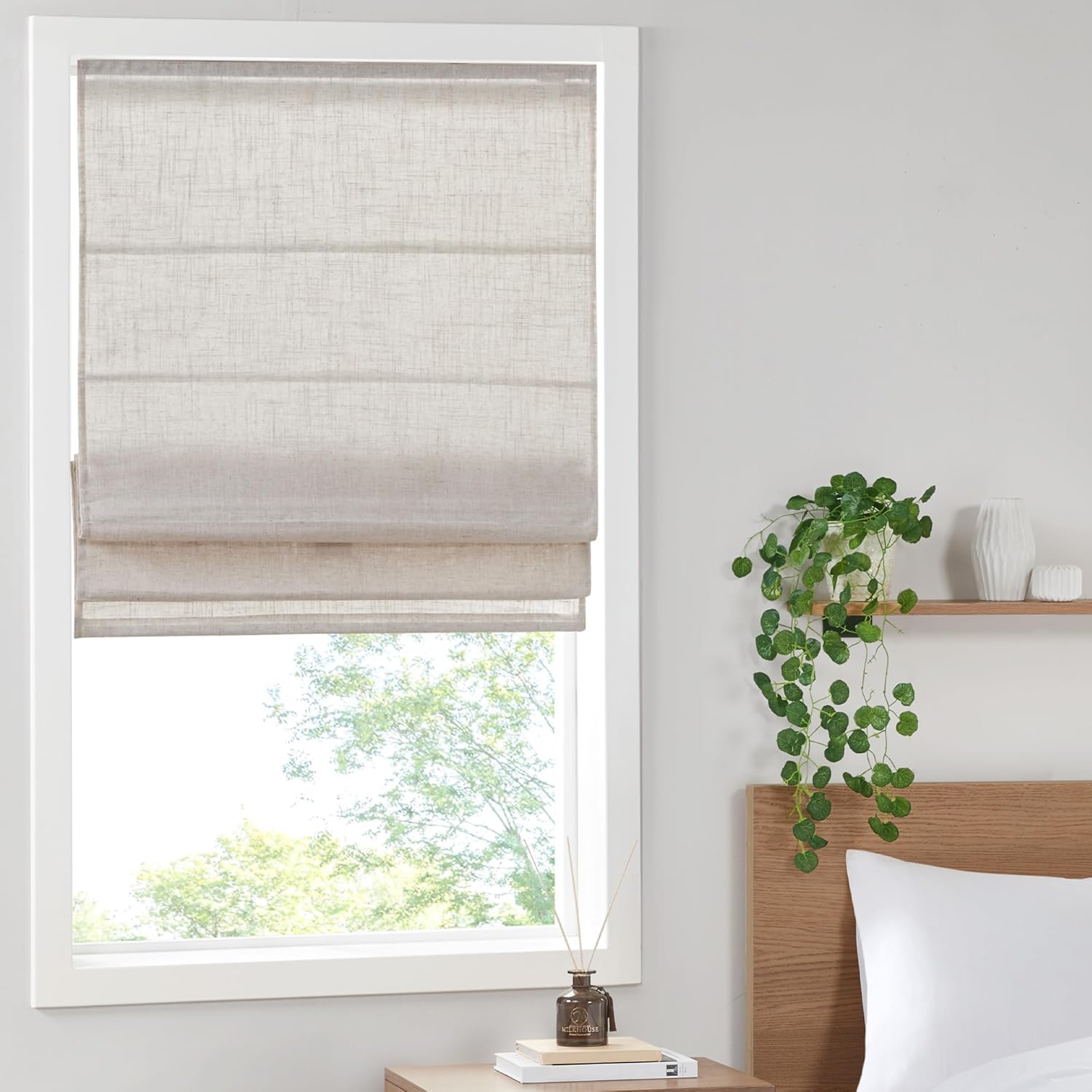 Madison Park Kyler Cordless Roman Shades - Single Panel, Lightweight Linen Blend Fabric, Natural Design, Easy Installation, Light Filtering Window Blind, Bedroom, Living Room Decor 31"W x 64"H Natural