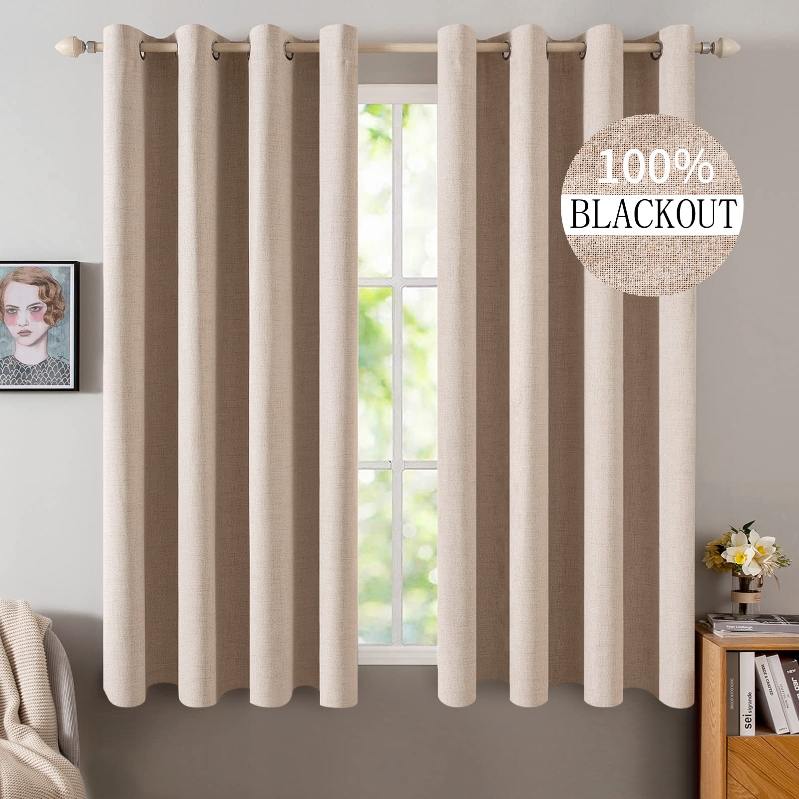 MIULEE 90 Inches Linen Textured Curtains for Bedroom 100% Blackout Thermal Insulated Natural Beige Grommet Room Darkening Curtains & Drapes Luxury Decor for Living Room Nursery 52 x 90 Inch (2 Panels)
