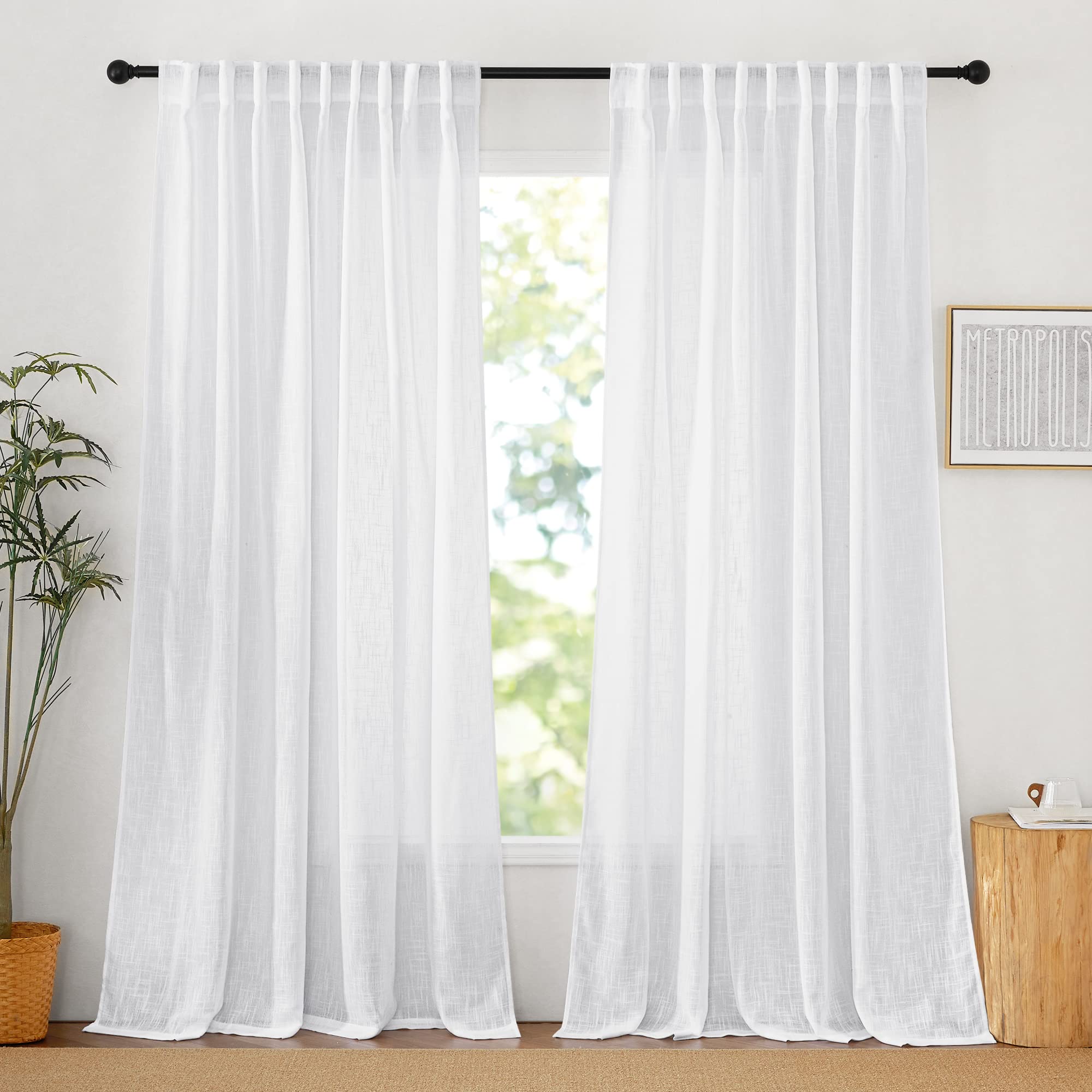 RYB HOME White Sheer Curtains Linen Texture Window Panels, Semi Sheer Light Filetring Rod Pocket & Back Tab Drapes for Bedroom, 52 x 84 inches, Pack of 2
