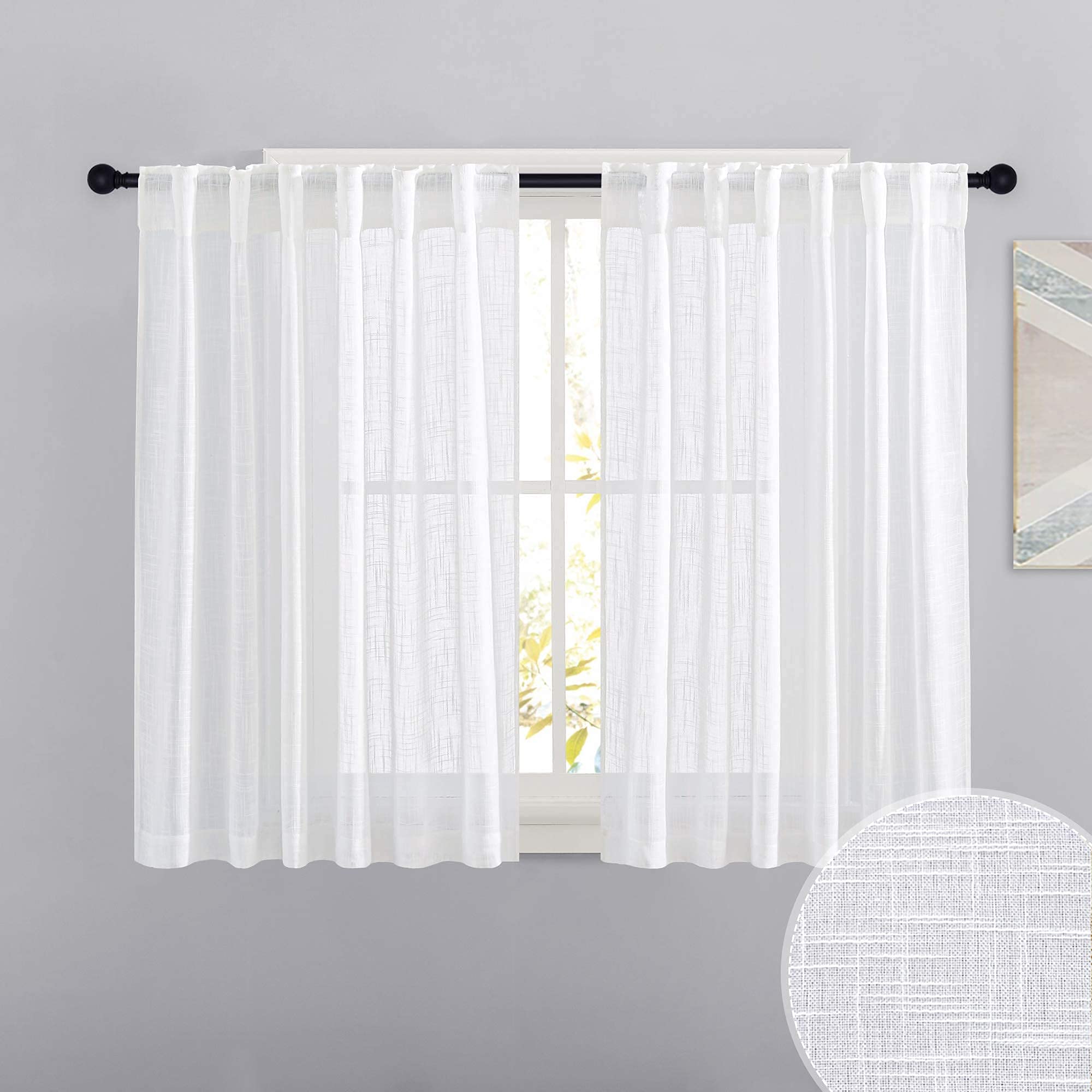 RYB HOME White Sheer Curtains Linen Texture Window Panels, Semi Sheer Light Filetring Rod Pocket & Back Tab Drapes for Bedroom, 52 x 84 inches, Pack of 2