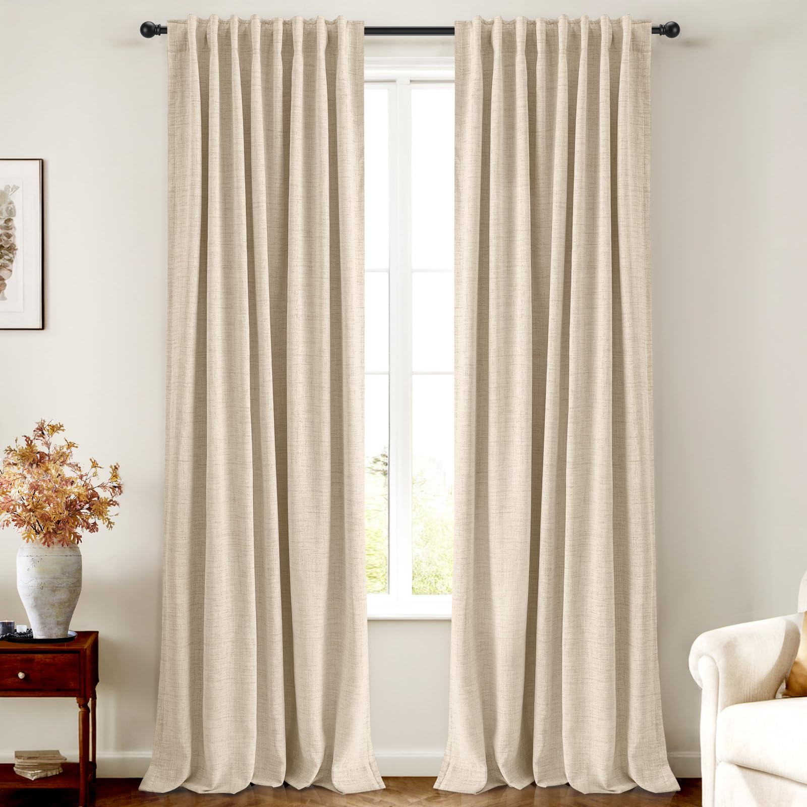 INOVADAY 100% Blackout Curtains 96 Inches Length 2 Panels Set, Back Tab/Rod Pocket Linen Black Out Curtains for Bedroom, Thermal Insulated Window Drapes - Cream, W50 X L96