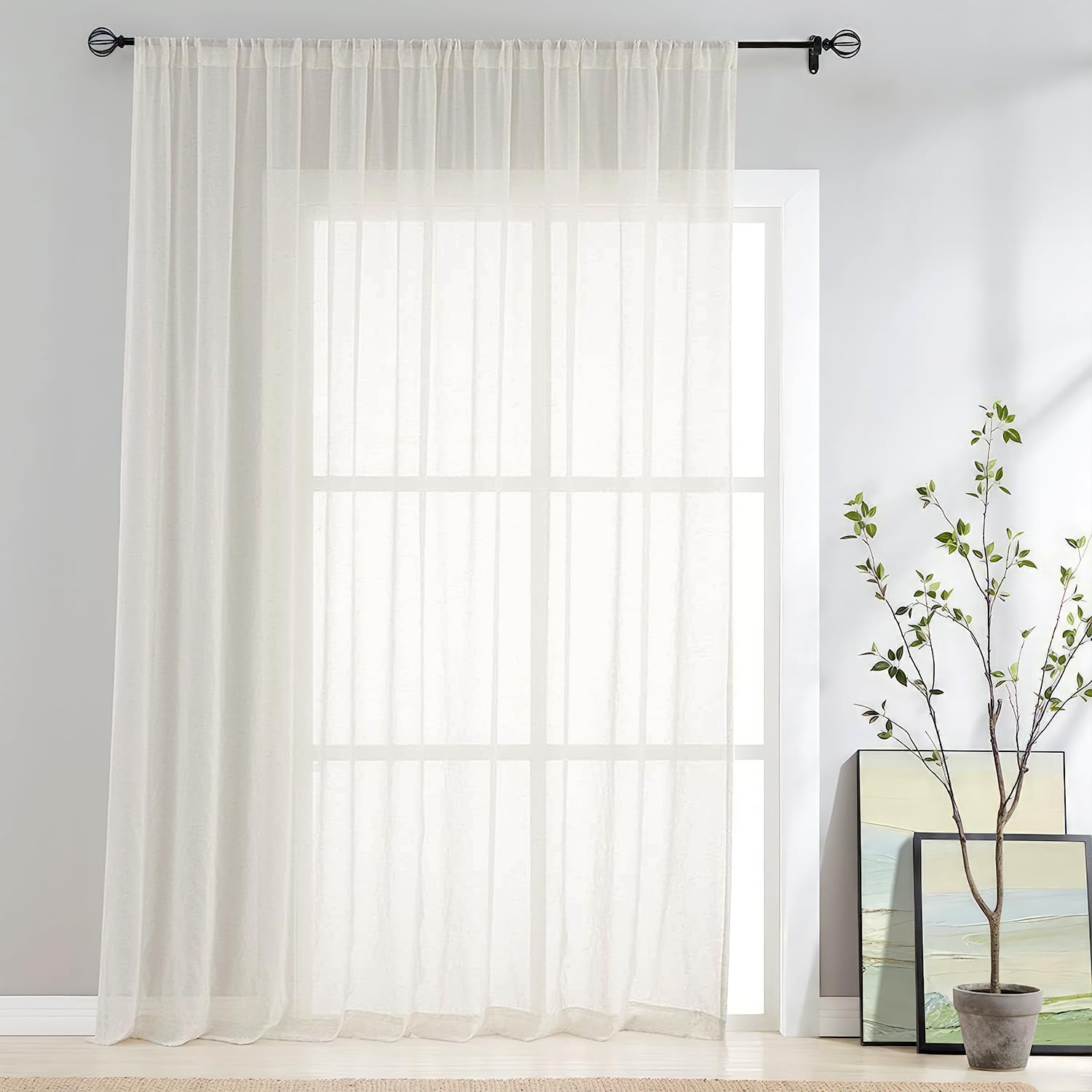 FMFUNCTEX Linen Sheer Curtains for Bedroom, Beige Curtains 84 inches Long for Living Room, Natural Flax Blend Window Draperies for Farmhouse Curtain, Rod Pocket 2 Panels