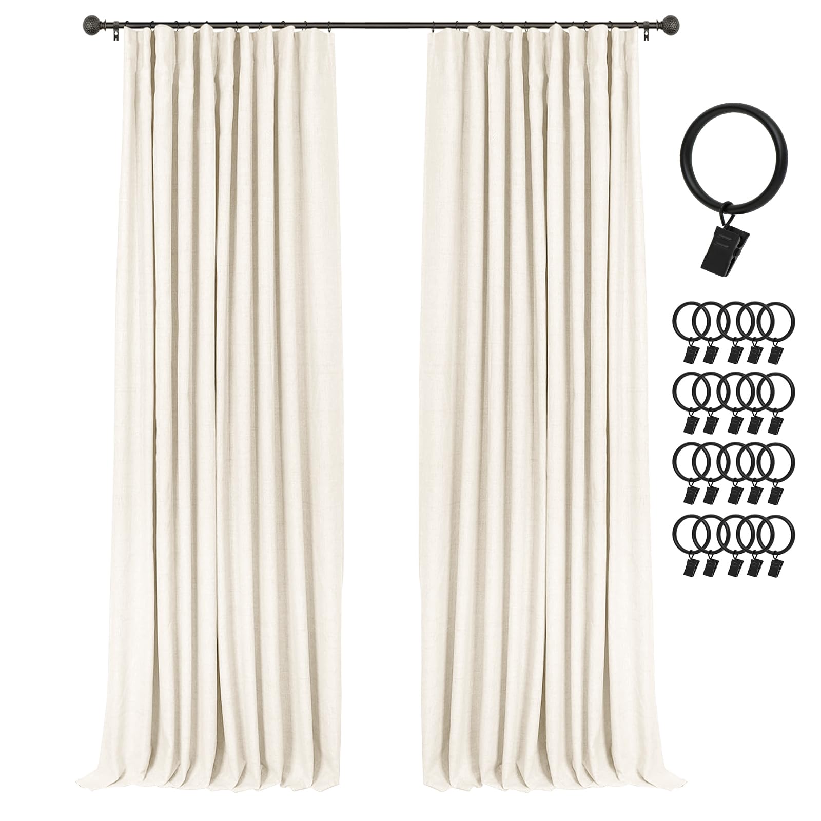 INOVADAY 100% Blackout Curtains for Bedroom, Black Out Curtains 84 Inch Long, Clip Rings Linen Blackout Drapes, Thermal Insulated Room Darkening for Living Room, 2 Panels - Beige,W50xL84