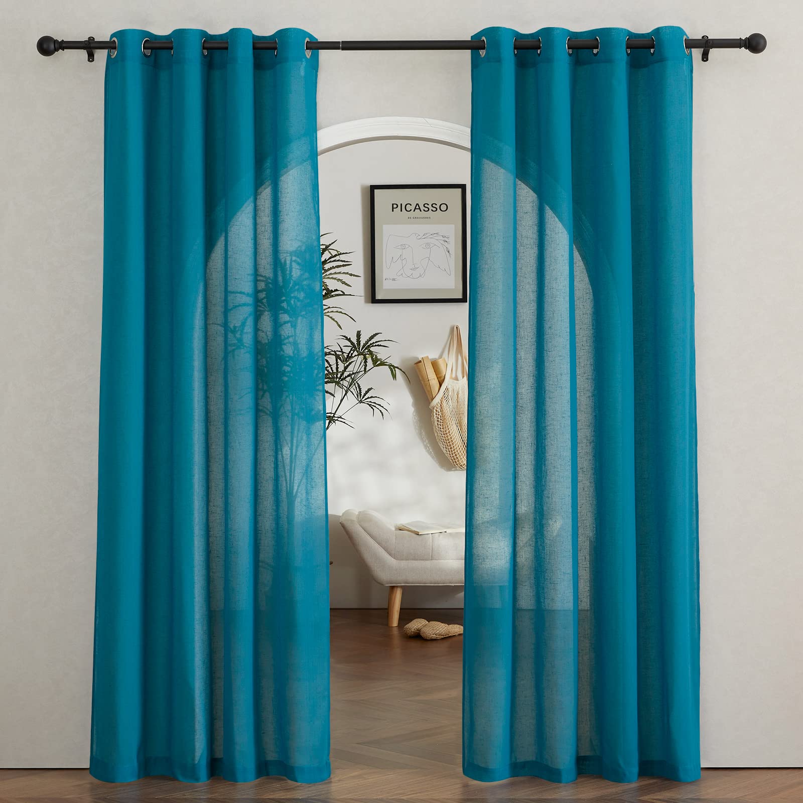 NICETOWN Semi Sheer Beige Curtains 84 inches Long, Grommet Retro Linen Curtains Window Treatments Vertical Drapes Privacy with Light Filter for Living Room, W52 x L84, 2 Panels