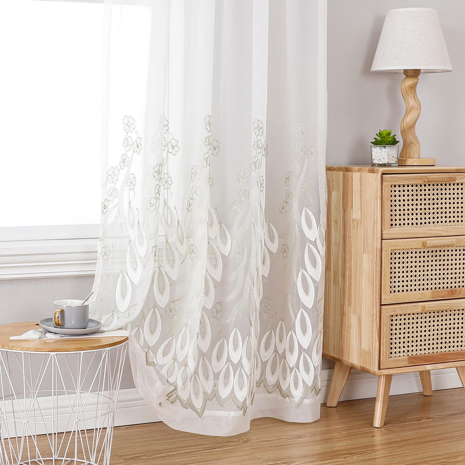 VISIONTEX Sheer Curtains 84 Inches Long 2 Panels Set Cream Beige Embroidered Floral Leaf Pattern Rod Pocket Semi Sheer Voile Window Curtains/Drapes for Bedroom Living Room 54 x 84 Inches