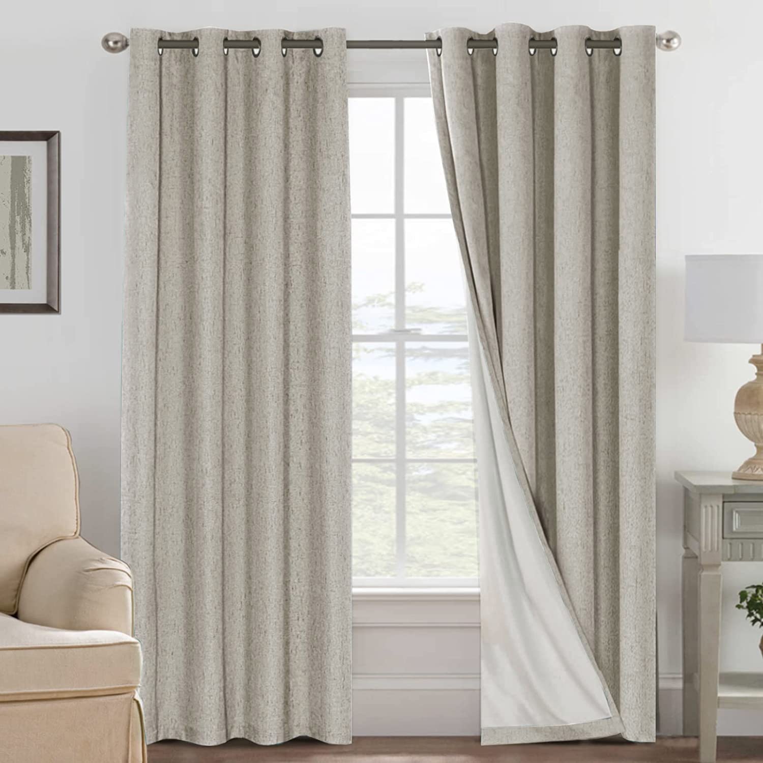H.VERSAILTEX Linen 100% Blackout Curtains for Bedroom Full Light Blocking Curtains, Textured Window Curtain for Living Room 84 inch Grommet, Energy Efficient Curtains White Liner(2 Panels, Natural)