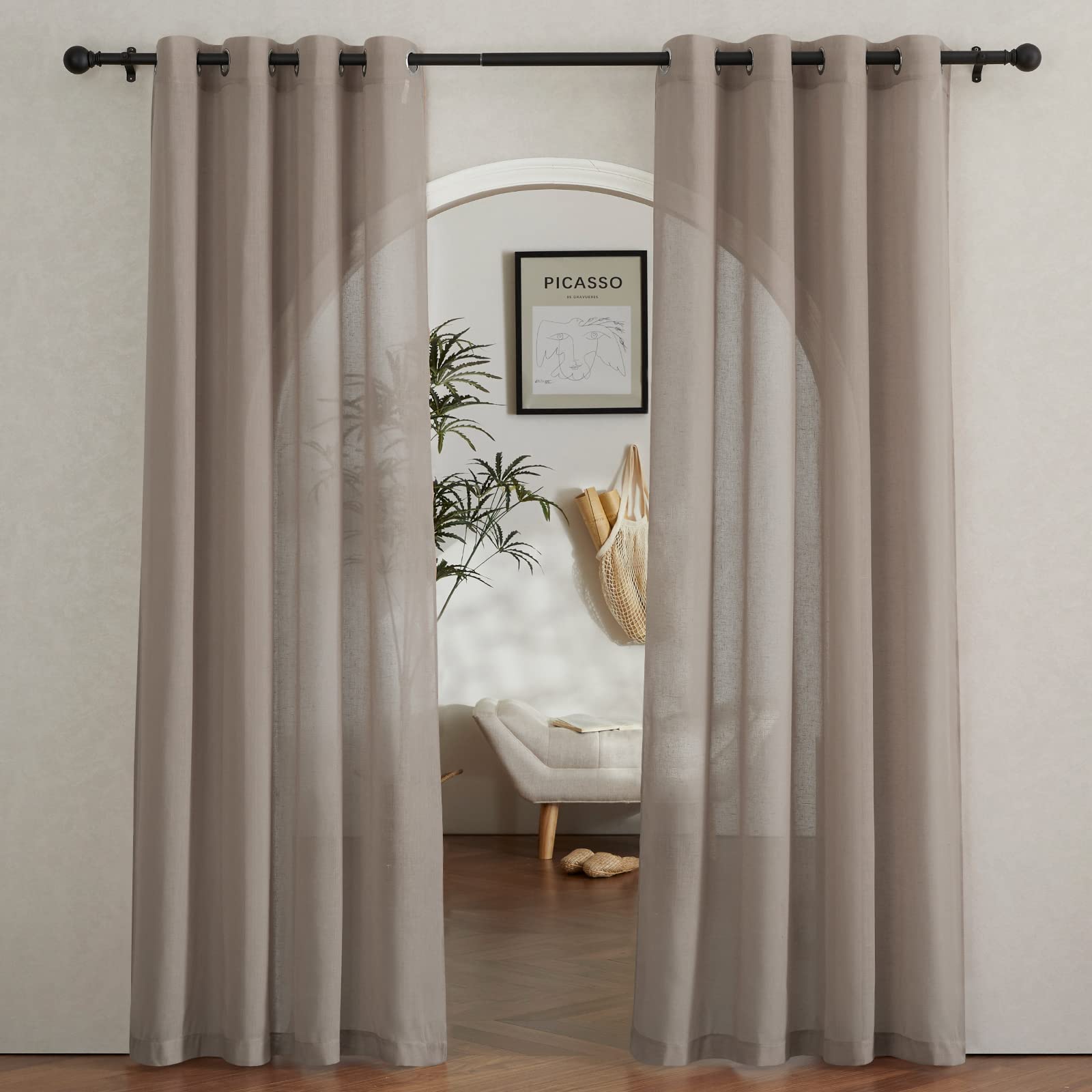 NICETOWN Semi Sheer Beige Curtains 84 inches Long, Grommet Retro Linen Curtains Window Treatments Vertical Drapes Privacy with Light Filter for Living Room, W52 x L84, 2 Panels