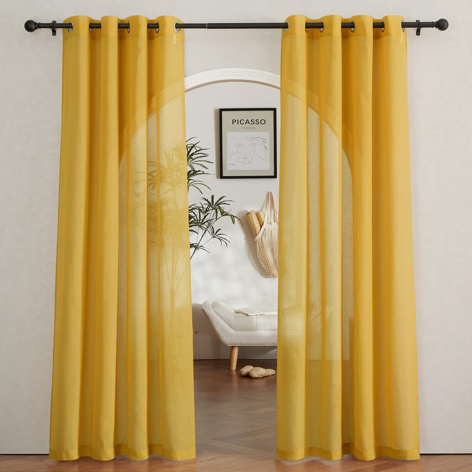 NICETOWN Semi Sheer Beige Curtains 84 inches Long, Grommet Retro Linen Curtains Window Treatments Vertical Drapes Privacy with Light Filter for Living Room, W52 x L84, 2 Panels