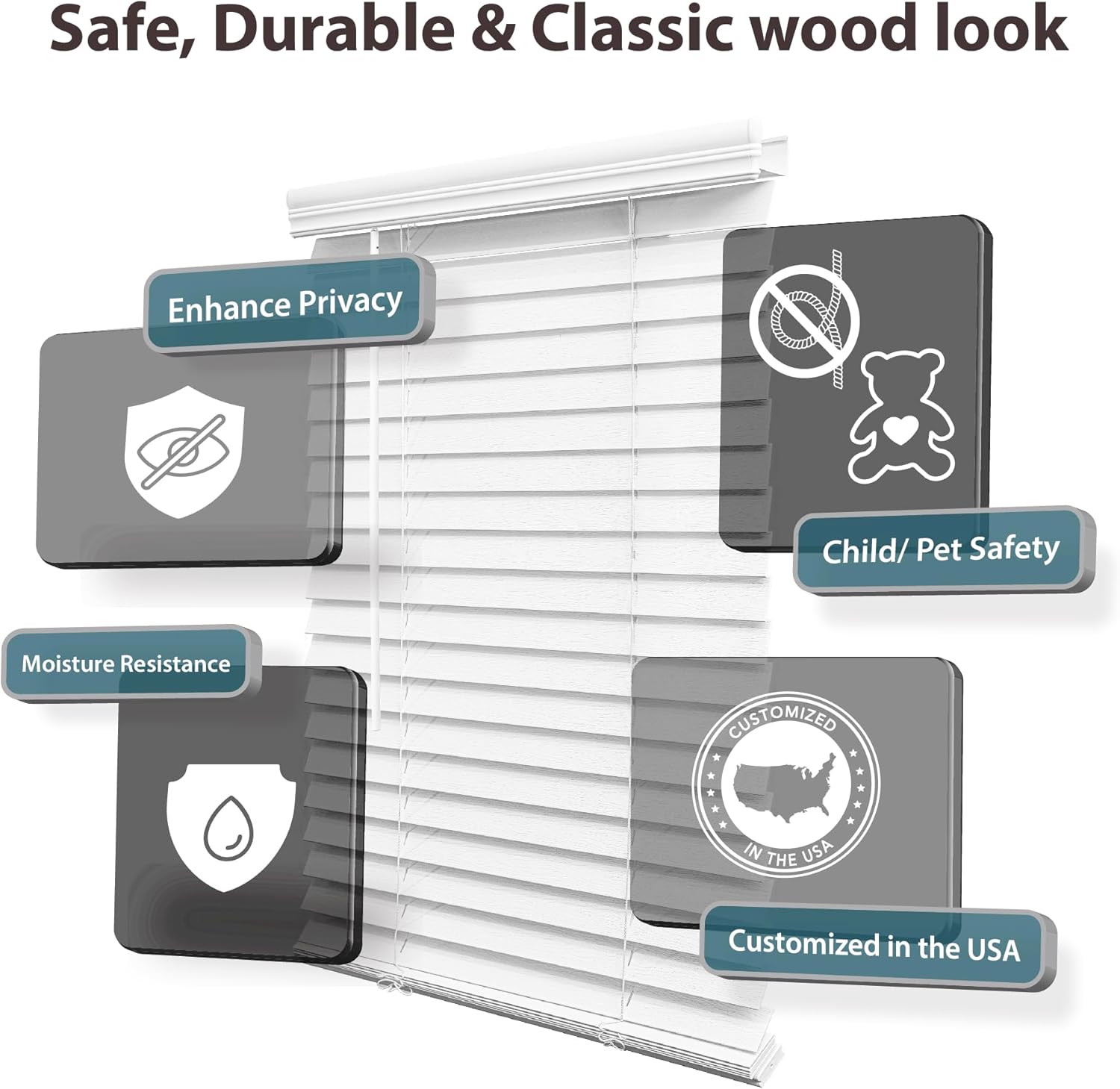 DEZ FURNISHINGS Cordless 2" Faux Wood Blind, 32" W x 48" H, White