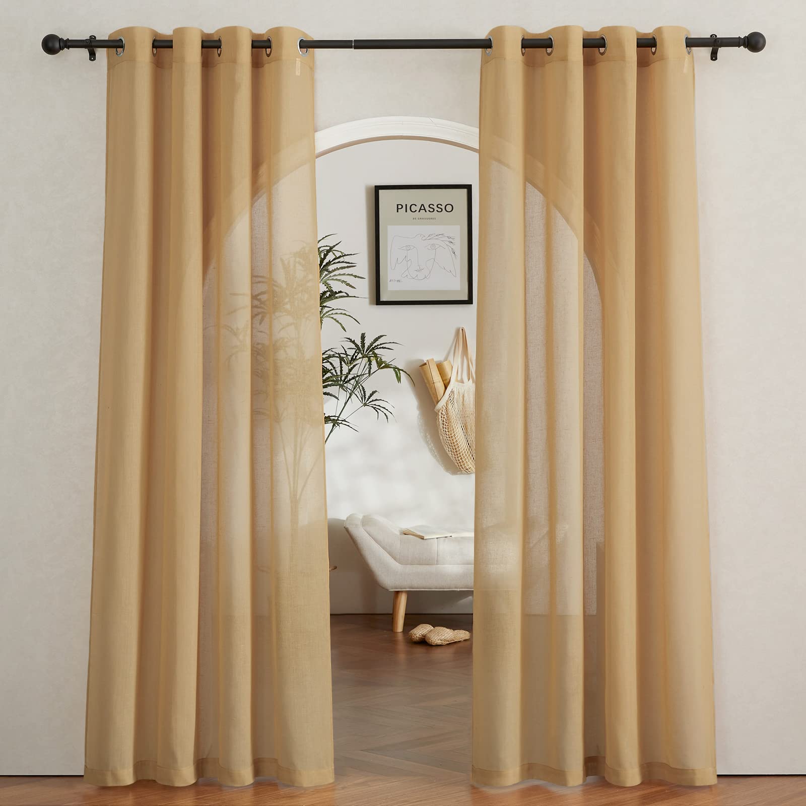 NICETOWN Semi Sheer Beige Curtains 84 inches Long, Grommet Retro Linen Curtains Window Treatments Vertical Drapes Privacy with Light Filter for Living Room, W52 x L84, 2 Panels