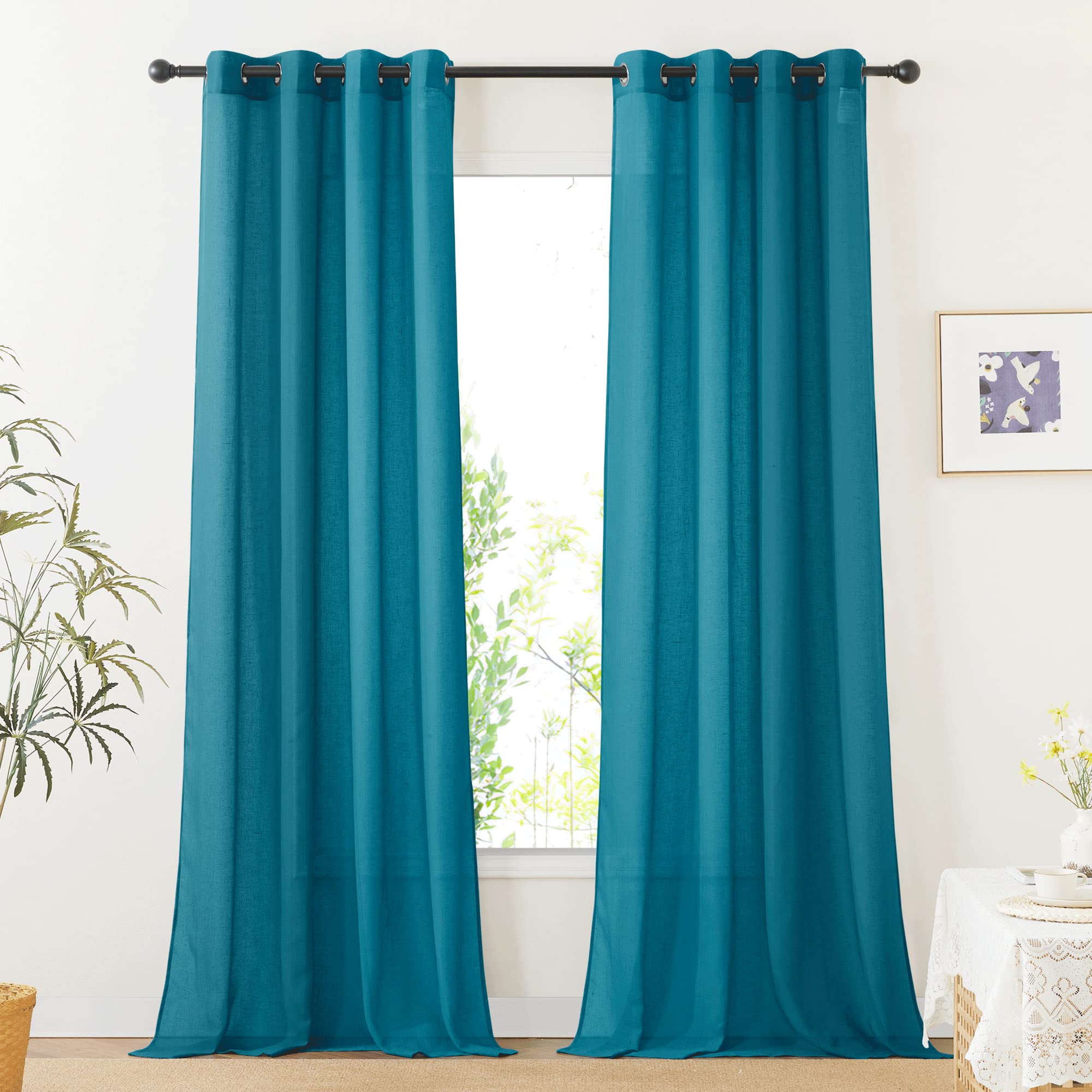 NICETOWN Semi Sheer Beige Curtains 84 inches Long, Grommet Retro Linen Curtains Window Treatments Vertical Drapes Privacy with Light Filter for Living Room, W52 x L84, 2 Panels