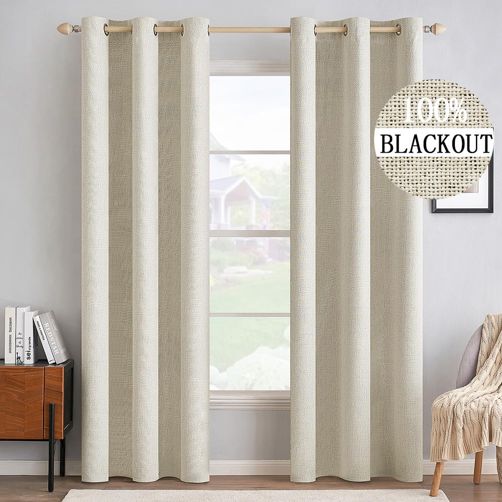MIULEE 90 Inches Linen Textured Curtains for Bedroom 100% Blackout Thermal Insulated Natural Beige Grommet Room Darkening Curtains & Drapes Luxury Decor for Living Room Nursery 52 x 90 Inch (2 Panels)