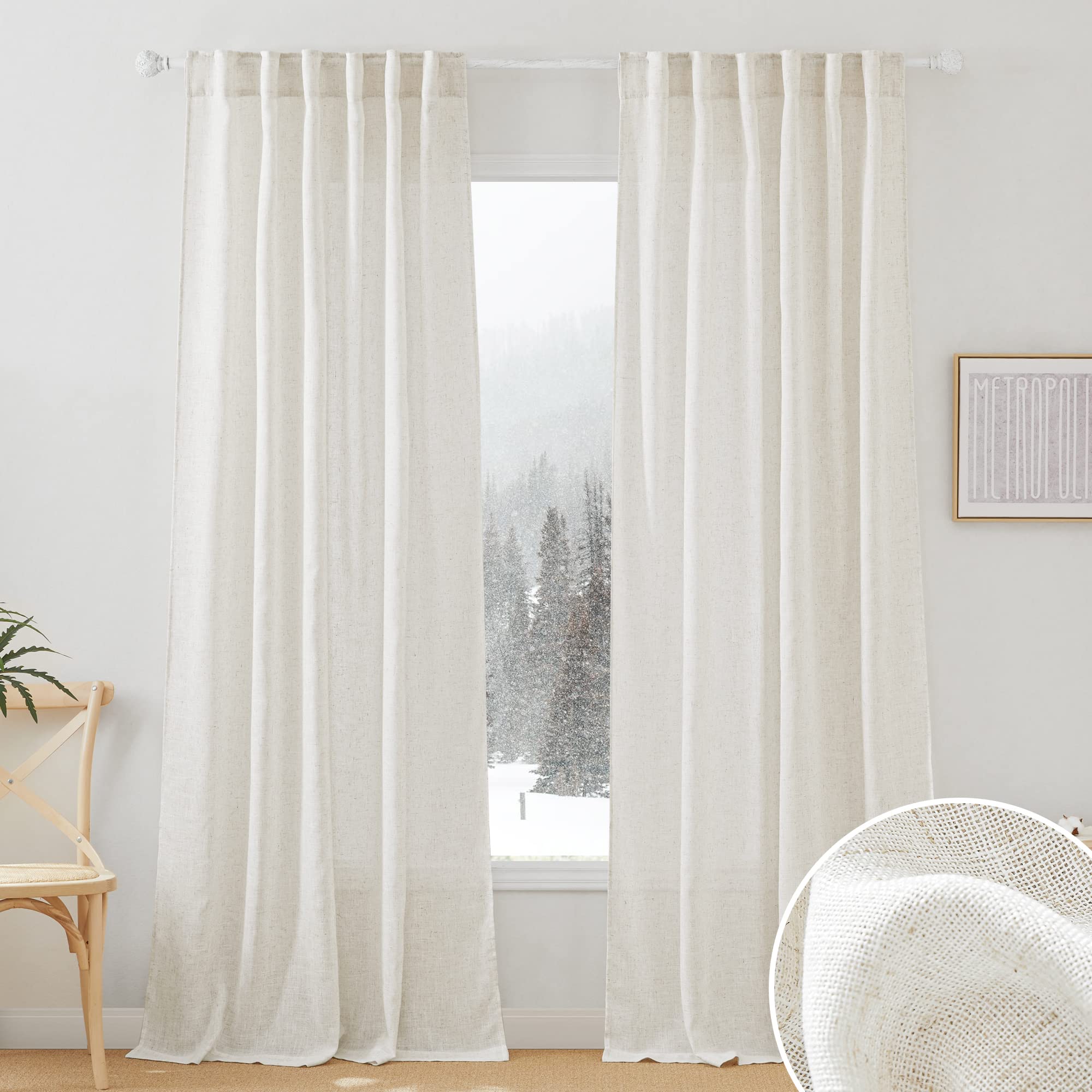 RYB HOME White Sheer Curtains Linen Texture Window Panels, Semi Sheer Light Filetring Rod Pocket & Back Tab Drapes for Bedroom, 52 x 84 inches, Pack of 2