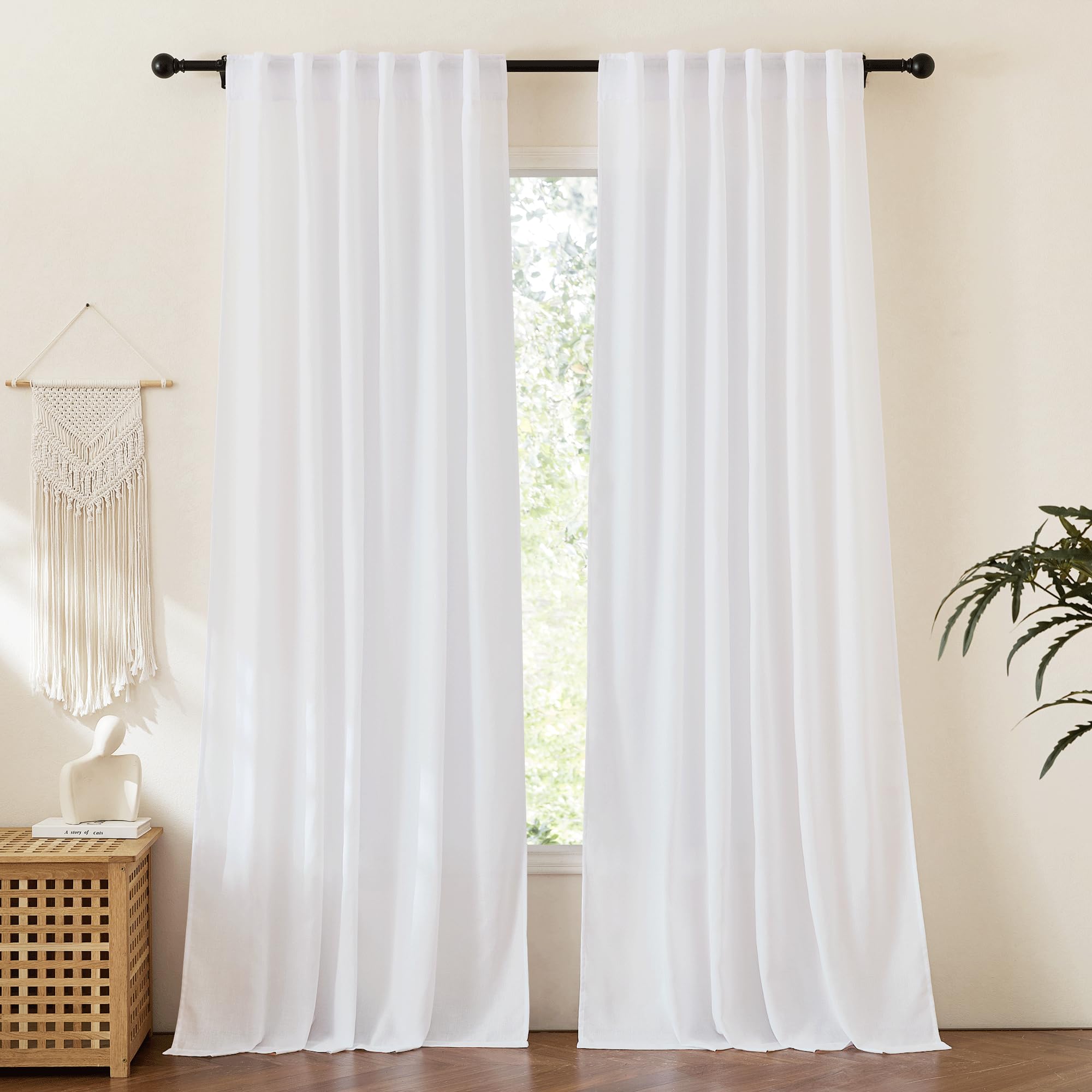 RYB HOME White Sheer Curtains Linen Texture Window Panels, Semi Sheer Light Filetring Rod Pocket & Back Tab Drapes for Bedroom, 52 x 84 inches, Pack of 2