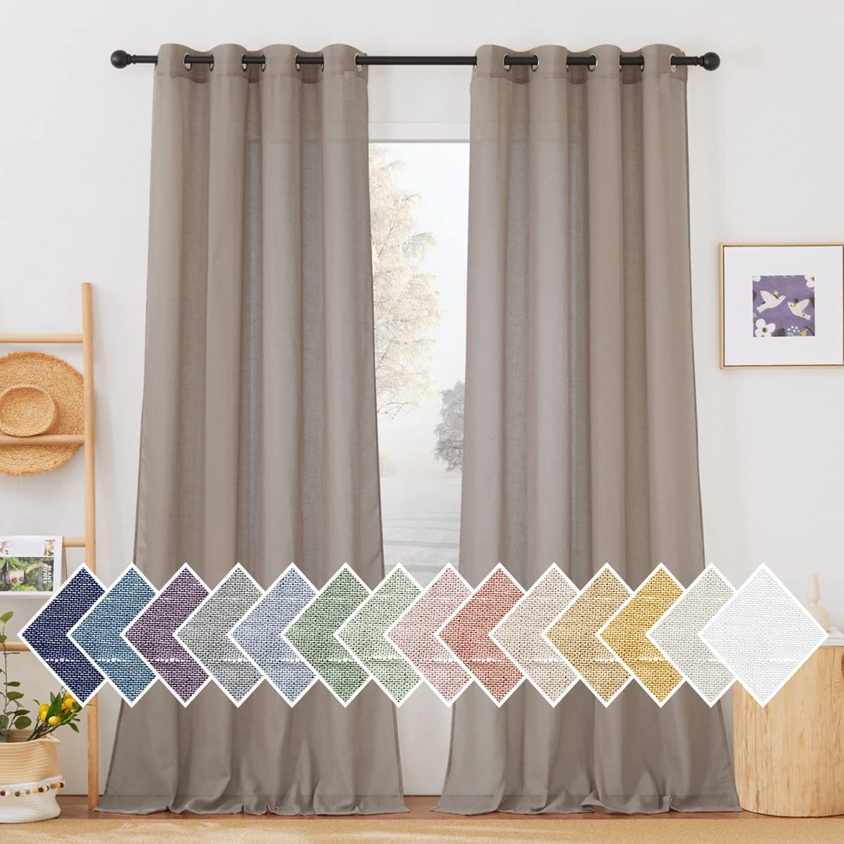 NICETOWN Semi Sheer Beige Curtains 84 inches Long, Grommet Retro Linen Curtains Window Treatments Vertical Drapes Privacy with Light Filter for Living Room, W52 x L84, 2 Panels