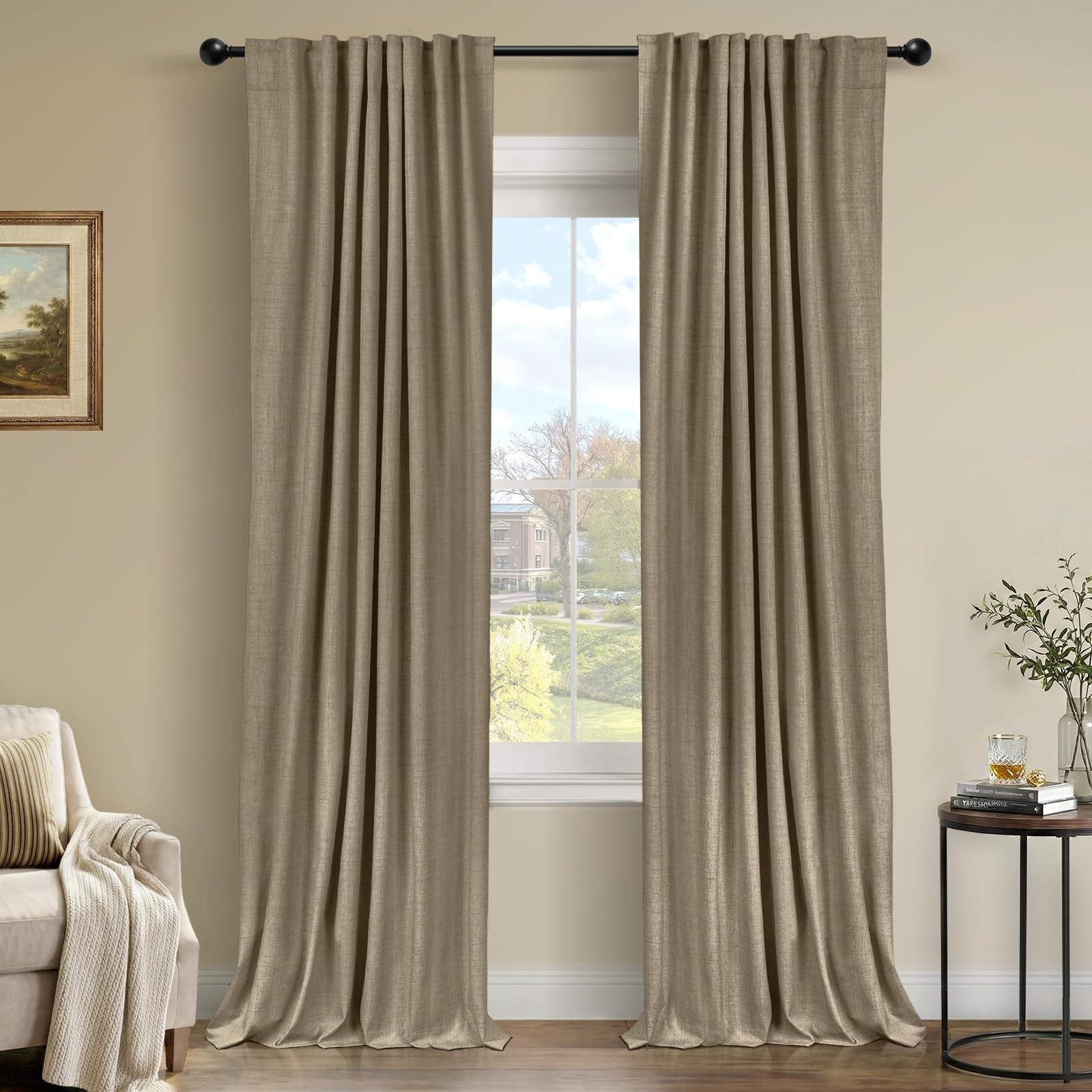 100% Blackout Shield Linen Blackout Curtains for Bedroom 84 Inches Long, Back Tab/Rod Pocket Living Room Drapes, Thermal Insulated Blackout Curtains 2 Panels Set, 50" W x 84" L, Cream
