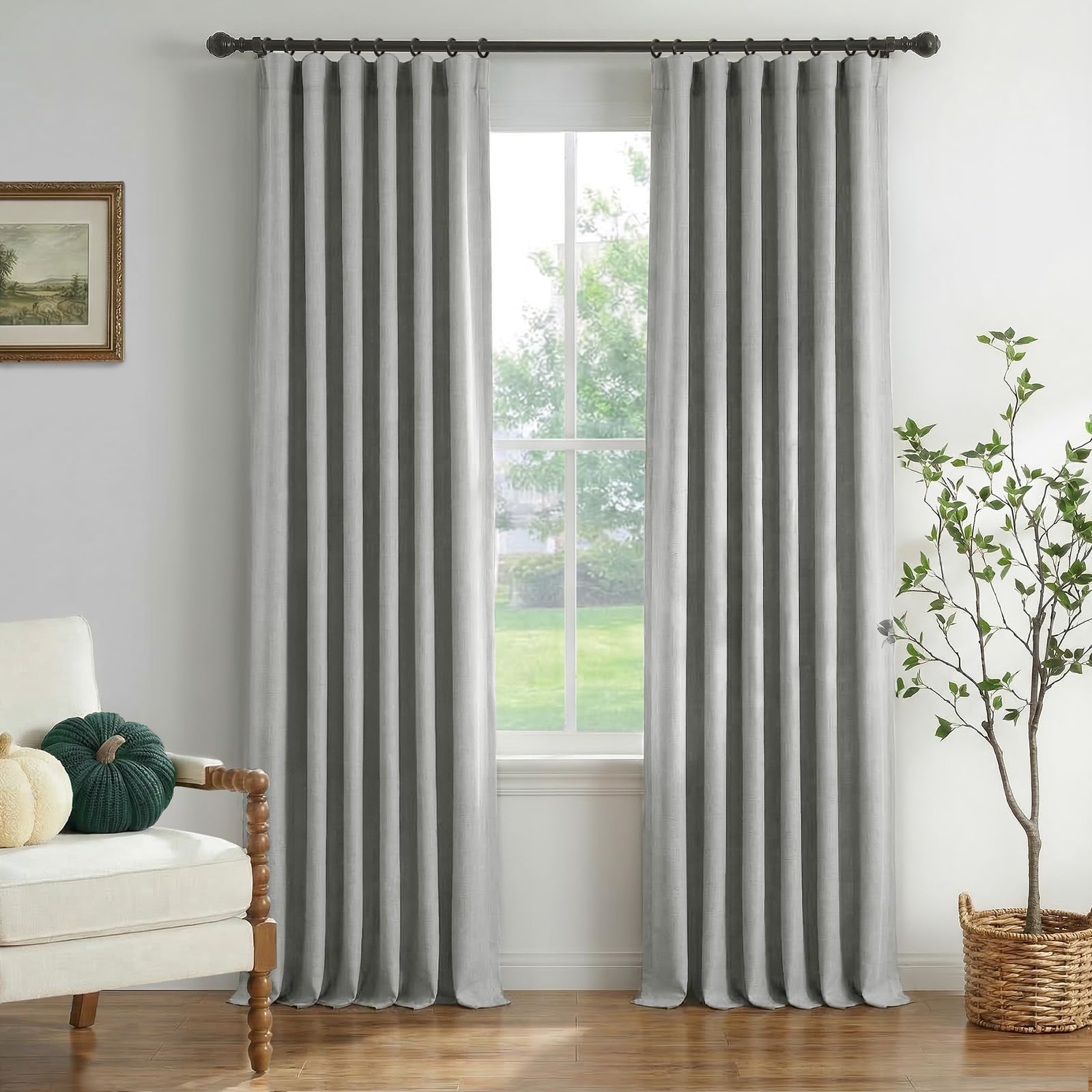 INOVADAY 100% Blackout Curtains for Bedroom, Black Out Curtains 84 Inch Long, Clip Rings Linen Blackout Drapes, Thermal Insulated Room Darkening for Living Room, 2 Panels - Beige,W50xL84