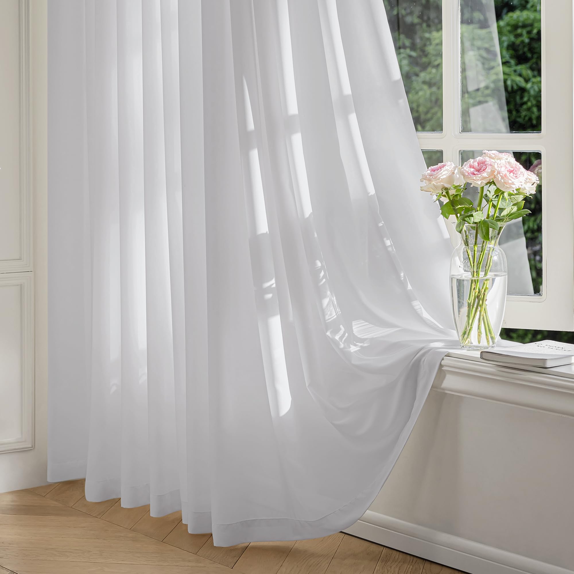 FMFUNCTEX Sheer Non-See-Through Butter Cream Curtains 108 inches Long for Living Room, Faux Silk That Let Light Curtains Light Filtering Privacy Sheer Window Drapes for Living Room, Rod Pocket 2Panels