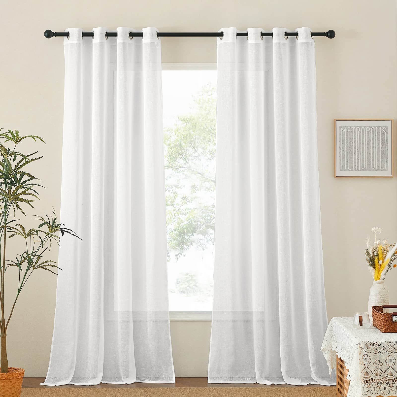 NICETOWN Semi Sheer Beige Curtains 84 inches Long, Grommet Retro Linen Curtains Window Treatments Vertical Drapes Privacy with Light Filter for Living Room, W52 x L84, 2 Panels
