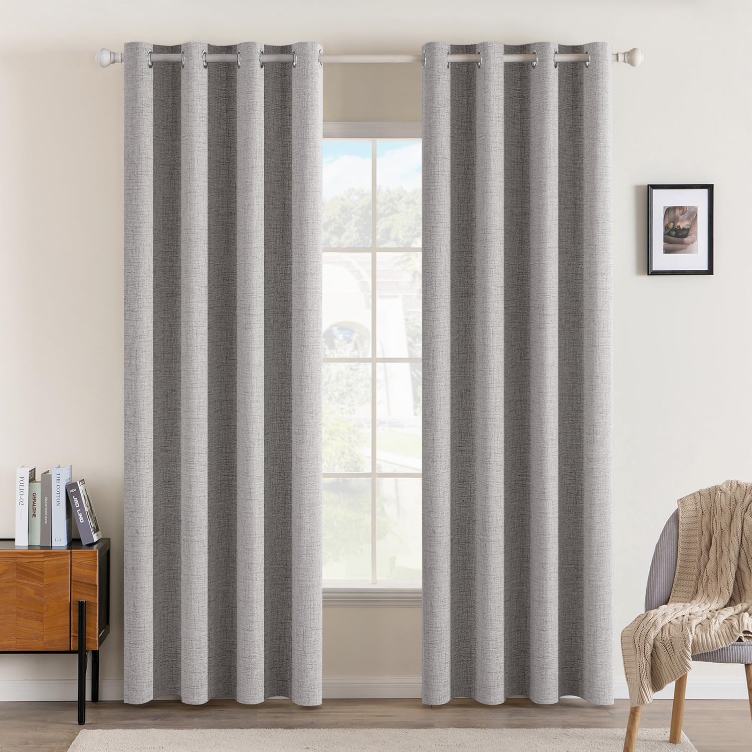 MIULEE 90 Inches Linen Textured Curtains for Bedroom 100% Blackout Thermal Insulated Natural Beige Grommet Room Darkening Curtains & Drapes Luxury Decor for Living Room Nursery 52 x 90 Inch (2 Panels)