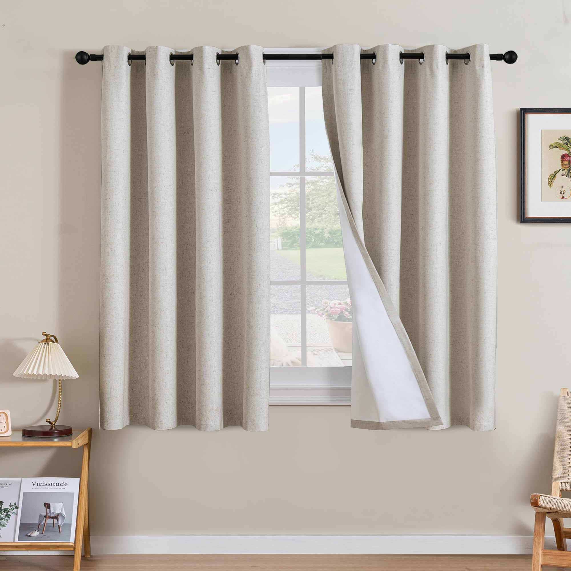 H.VERSAILTEX Linen 100% Blackout Curtains for Bedroom Full Light Blocking Curtains, Textured Window Curtain for Living Room 84 inch Grommet, Energy Efficient Curtains White Liner(2 Panels, Natural)