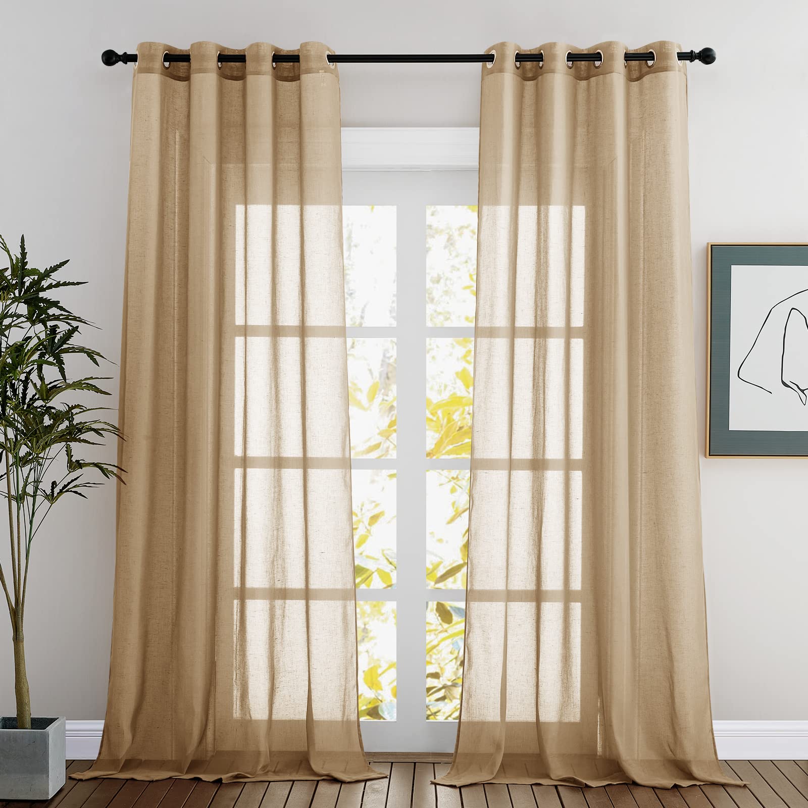 NICETOWN Semi Sheer Beige Curtains 84 inches Long, Grommet Retro Linen Curtains Window Treatments Vertical Drapes Privacy with Light Filter for Living Room, W52 x L84, 2 Panels
