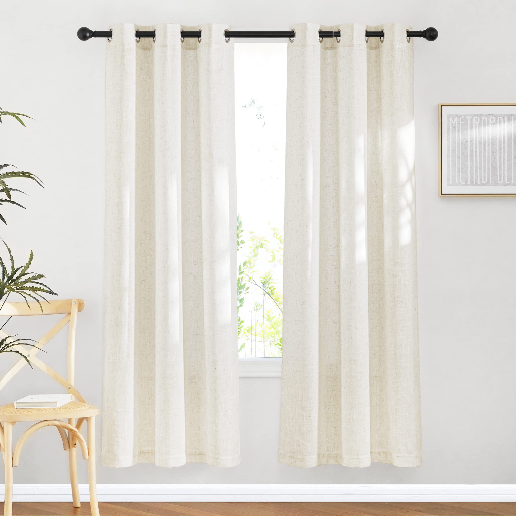 NICETOWN Semi Sheer Beige Curtains 84 inches Long, Grommet Retro Linen Curtains Window Treatments Vertical Drapes Privacy with Light Filter for Living Room, W52 x L84, 2 Panels