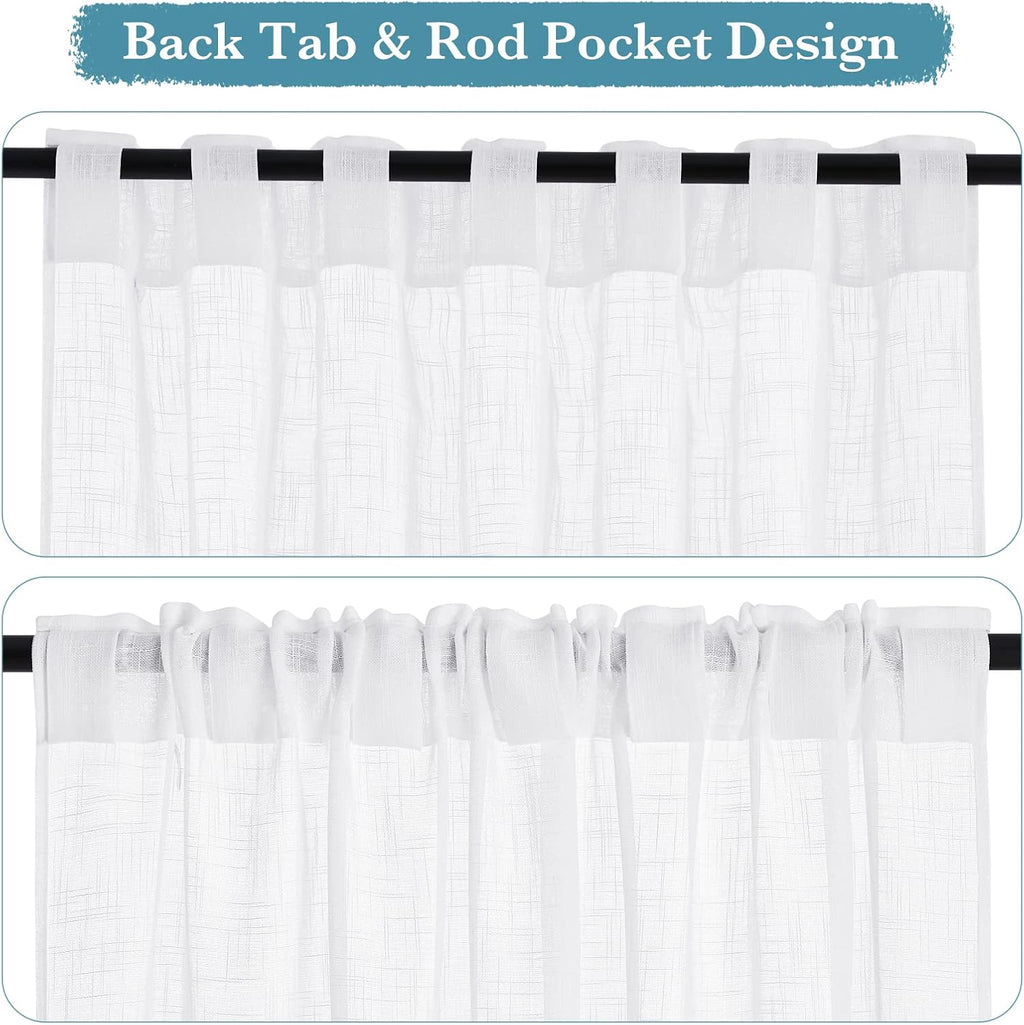 RYB HOME White Sheer Curtains Linen Texture Window Panels, Semi Sheer Light Filetring Rod Pocket & Back Tab Drapes for Bedroom, 52 x 84 inches, Pack of 2