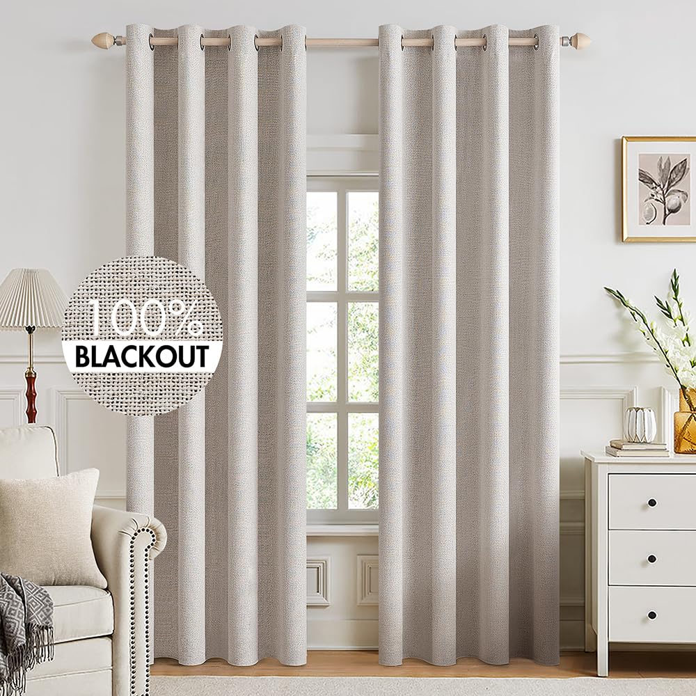 MIULEE 90 Inches Linen Textured Curtains for Bedroom 100% Blackout Thermal Insulated Natural Beige Grommet Room Darkening Curtains & Drapes Luxury Decor for Living Room Nursery 52 x 90 Inch (2 Panels)