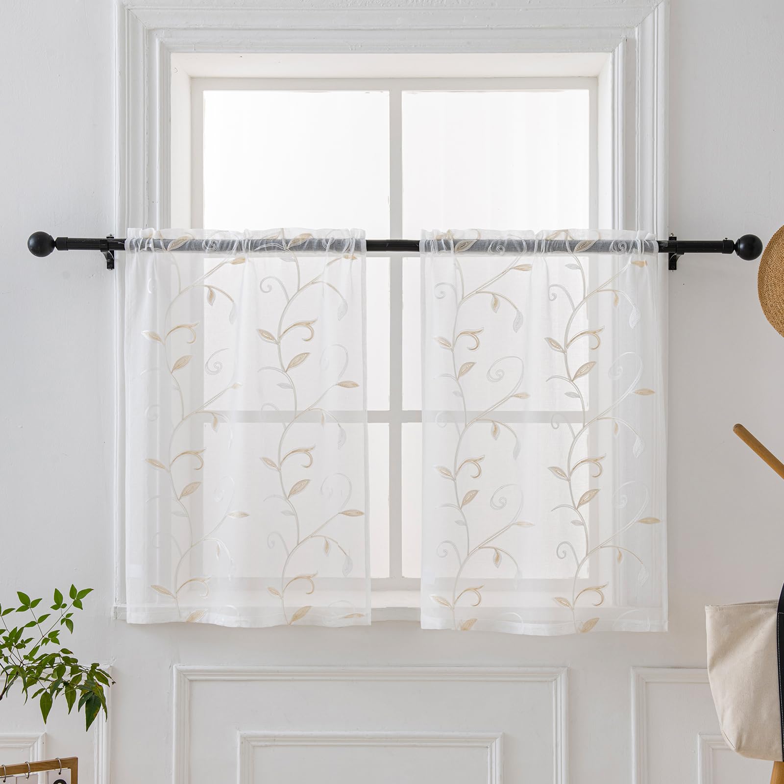 VISIONTEX Sheer Curtains 84 Inches Long 2 Panels Set Cream Beige Embroidered Floral Leaf Pattern Rod Pocket Semi Sheer Voile Window Curtains/Drapes for Bedroom Living Room 54 x 84 Inches