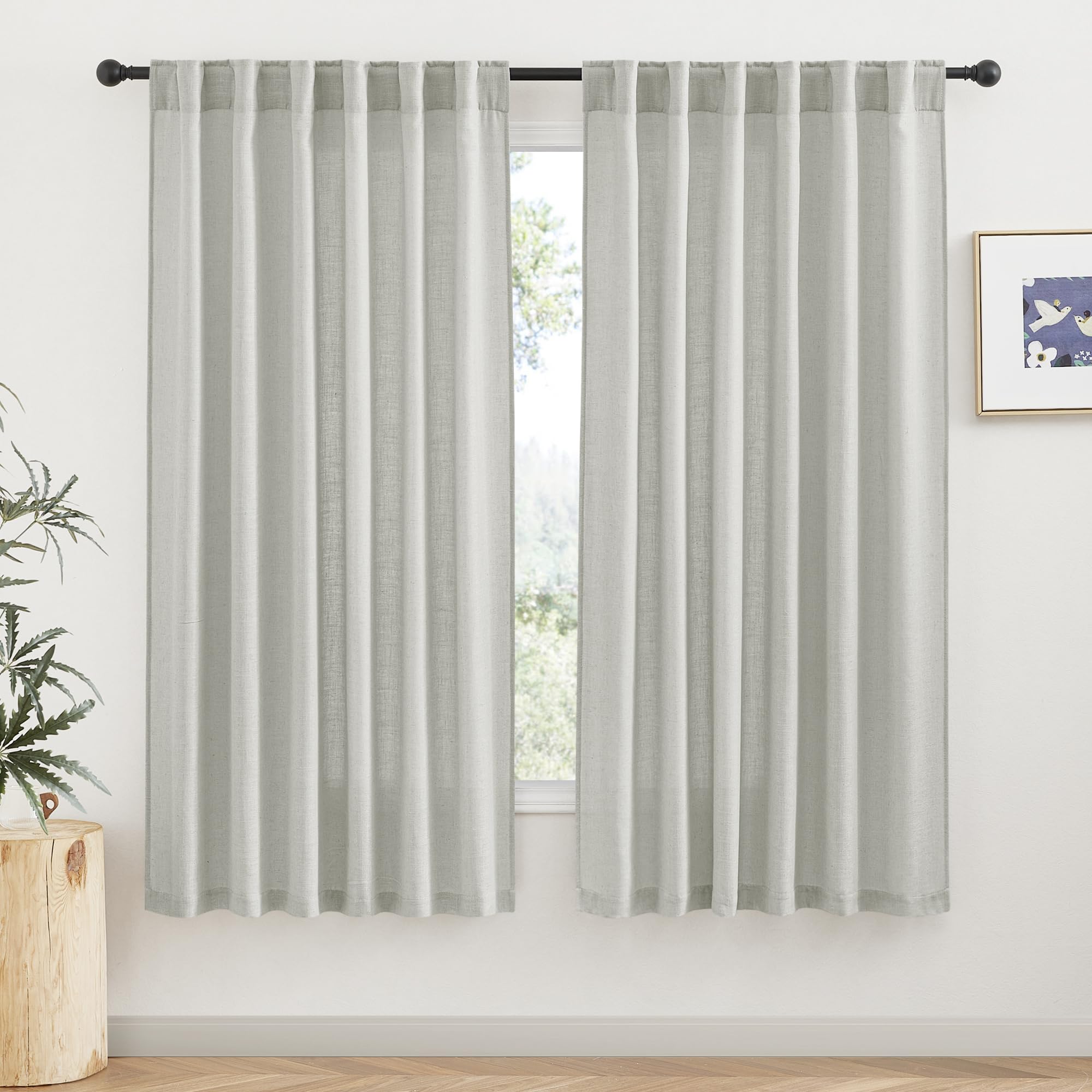 RYB HOME White Sheer Curtains Linen Texture Window Panels, Semi Sheer Light Filetring Rod Pocket & Back Tab Drapes for Bedroom, 52 x 84 inches, Pack of 2