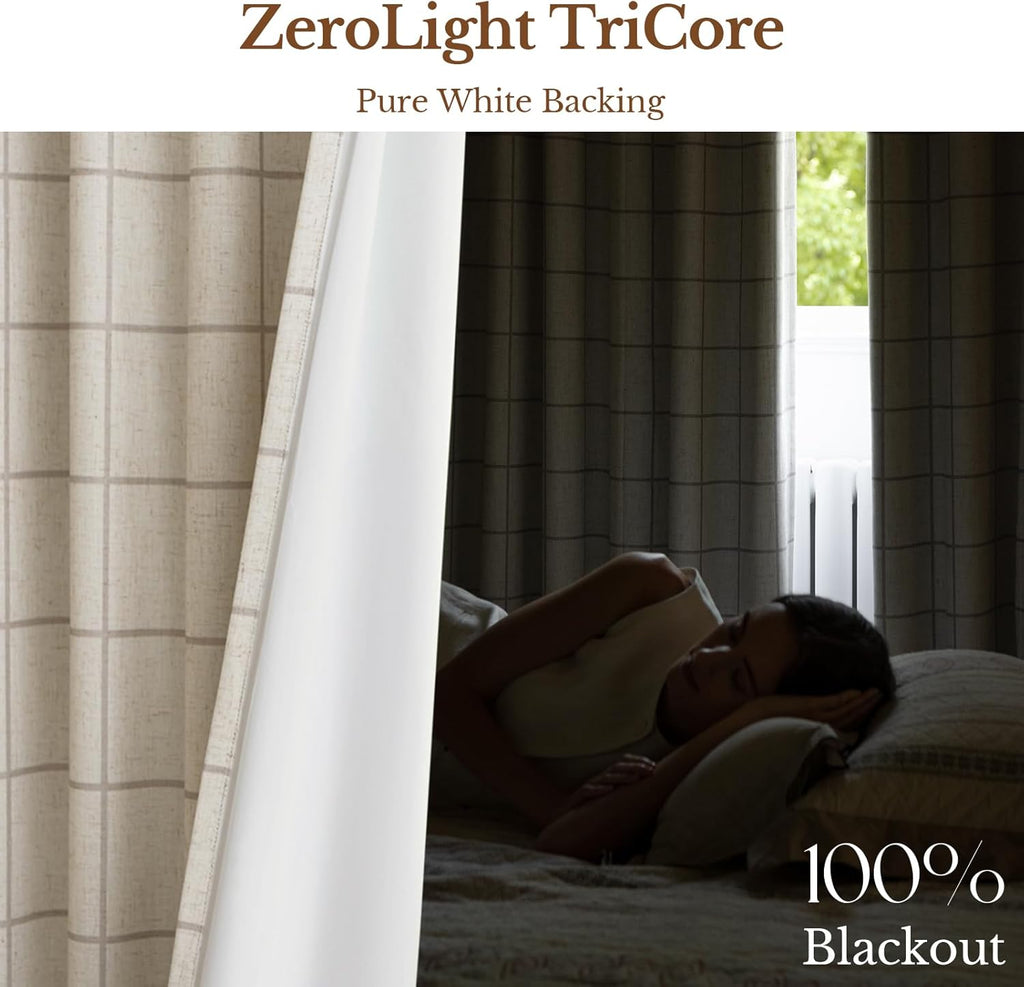 THREE GIRLS Pinch Pleated Plaid Curtains Blackout Linen Gingham Curtains for Living Room,Bedroom Checkered Patterned Insulated 84 Inches Long Double Layer 2 Panels Set Printed Design Darkening