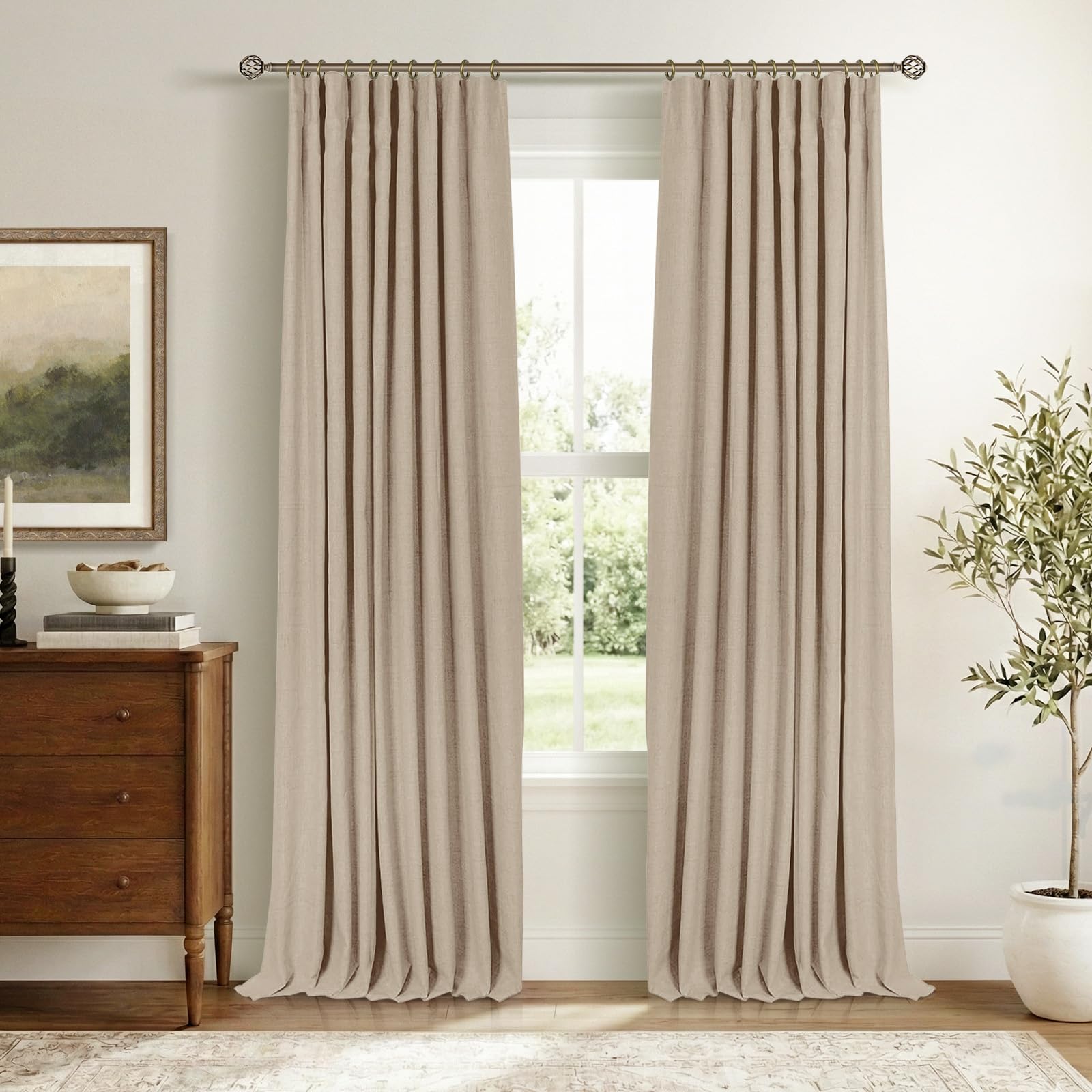 INOVADAY 100% Blackout Curtains for Bedroom, Black Out Curtains 84 Inch Long, Clip Rings Linen Blackout Drapes, Thermal Insulated Room Darkening for Living Room, 2 Panels - Beige,W50xL84