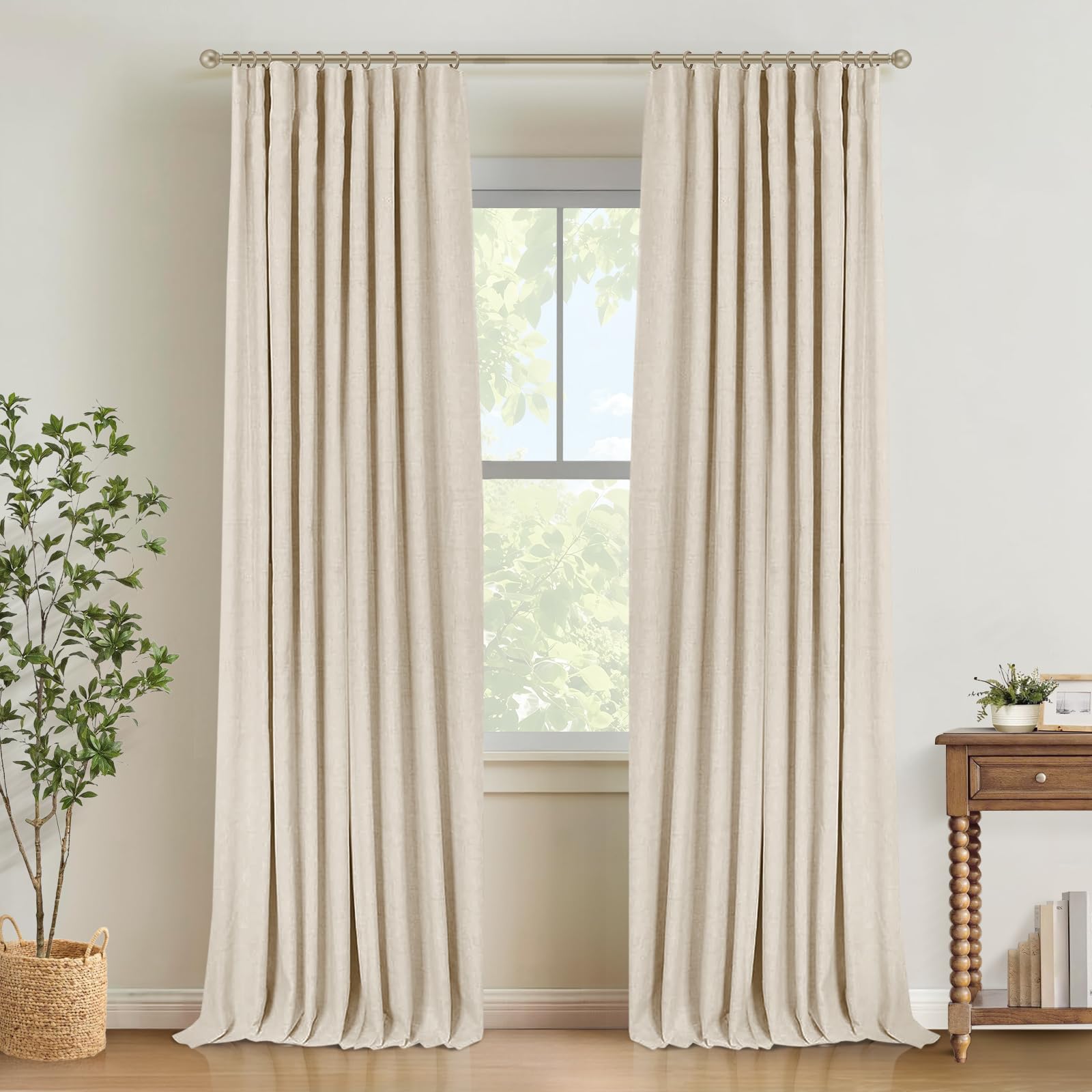 INOVADAY 100% Blackout Curtains for Bedroom, Black Out Curtains 84 Inch Long, Clip Rings Linen Blackout Drapes, Thermal Insulated Room Darkening for Living Room, 2 Panels - Beige,W50xL84