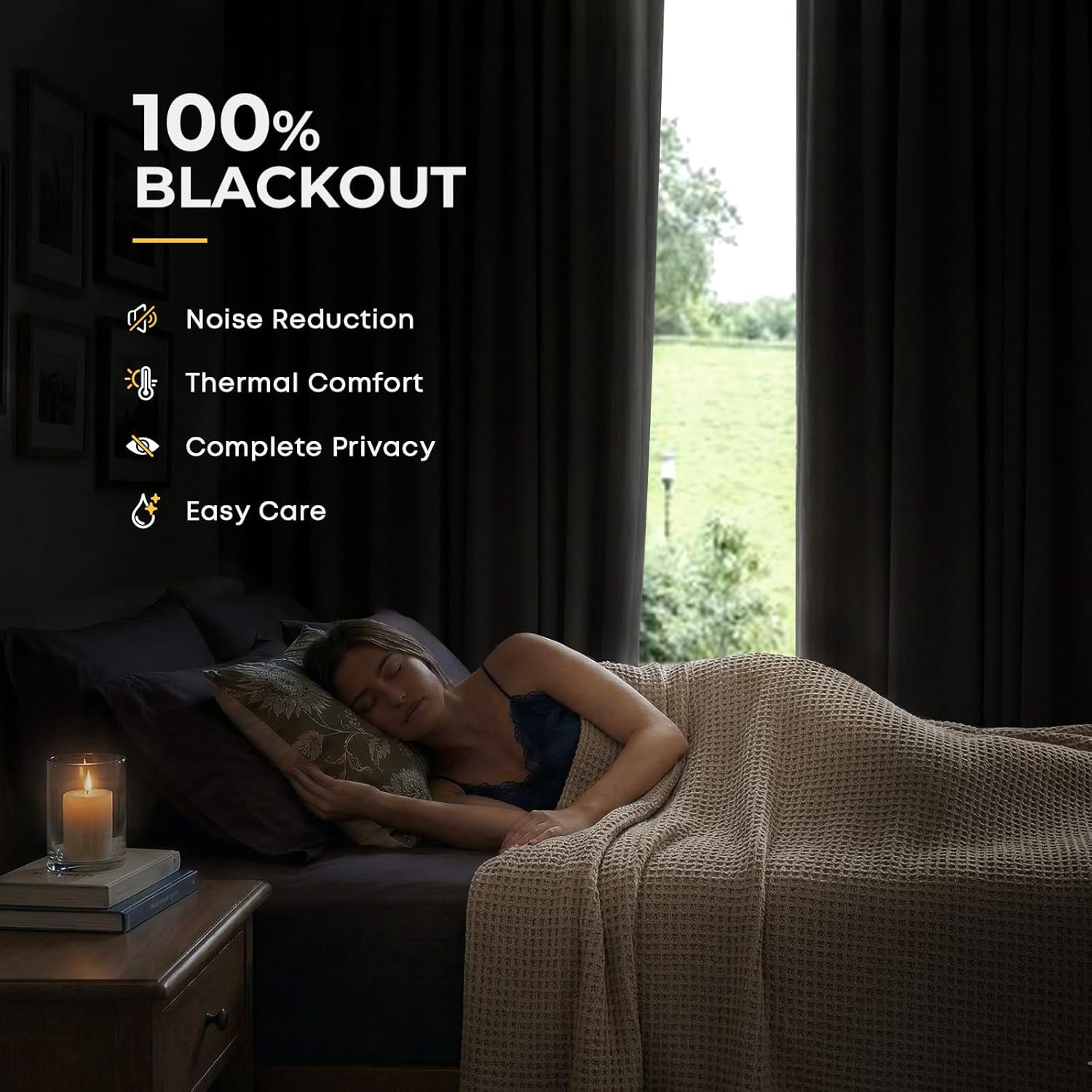 INOVADAY 100% Blackout Curtains for Bedroom, Black Out Curtains 84 Inch Long, Clip Rings Linen Blackout Drapes, Thermal Insulated Room Darkening for Living Room, 2 Panels - Beige,W50xL84