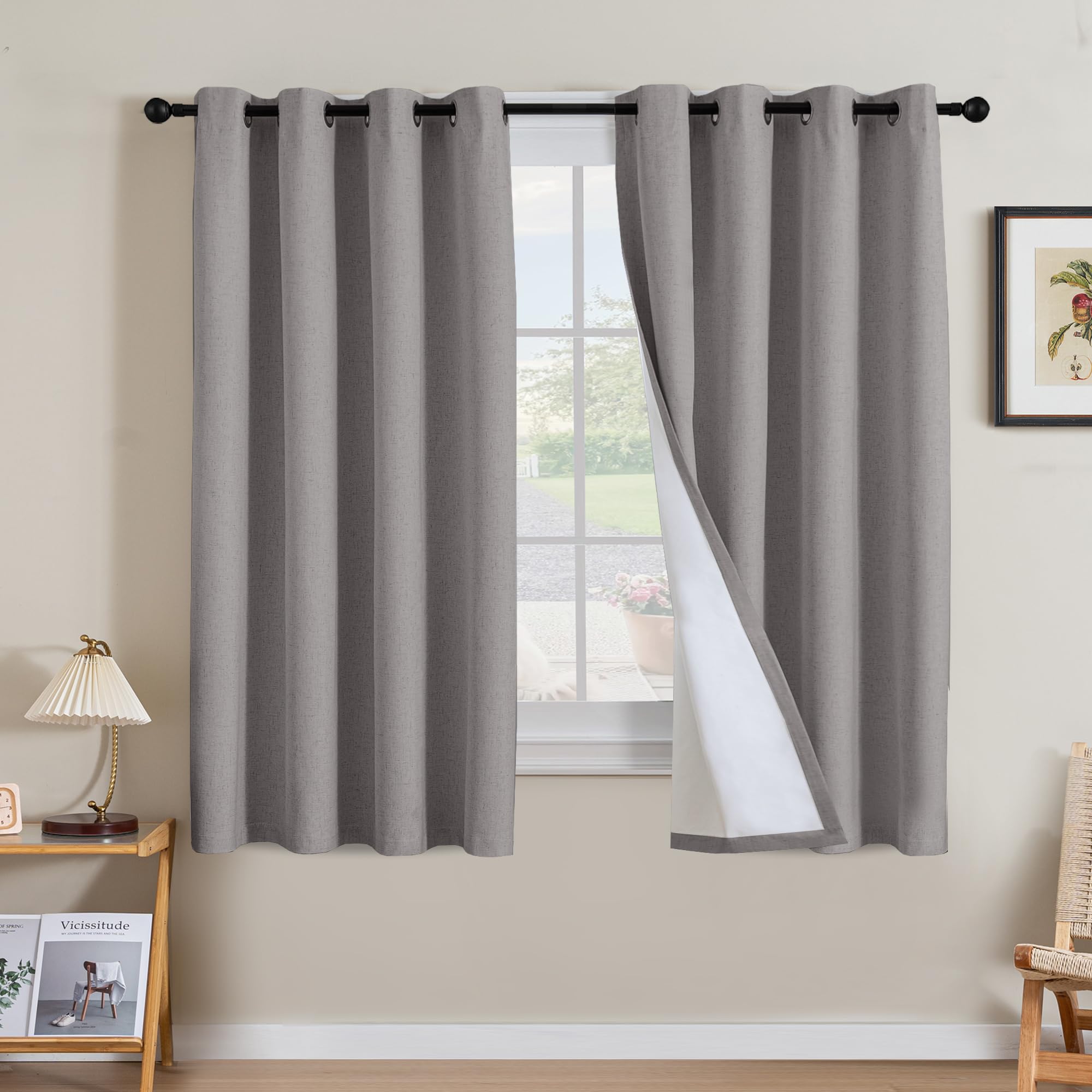 H.VERSAILTEX Linen 100% Blackout Curtains for Bedroom Full Light Blocking Curtains, Textured Window Curtain for Living Room 84 inch Grommet, Energy Efficient Curtains White Liner(2 Panels, Natural)