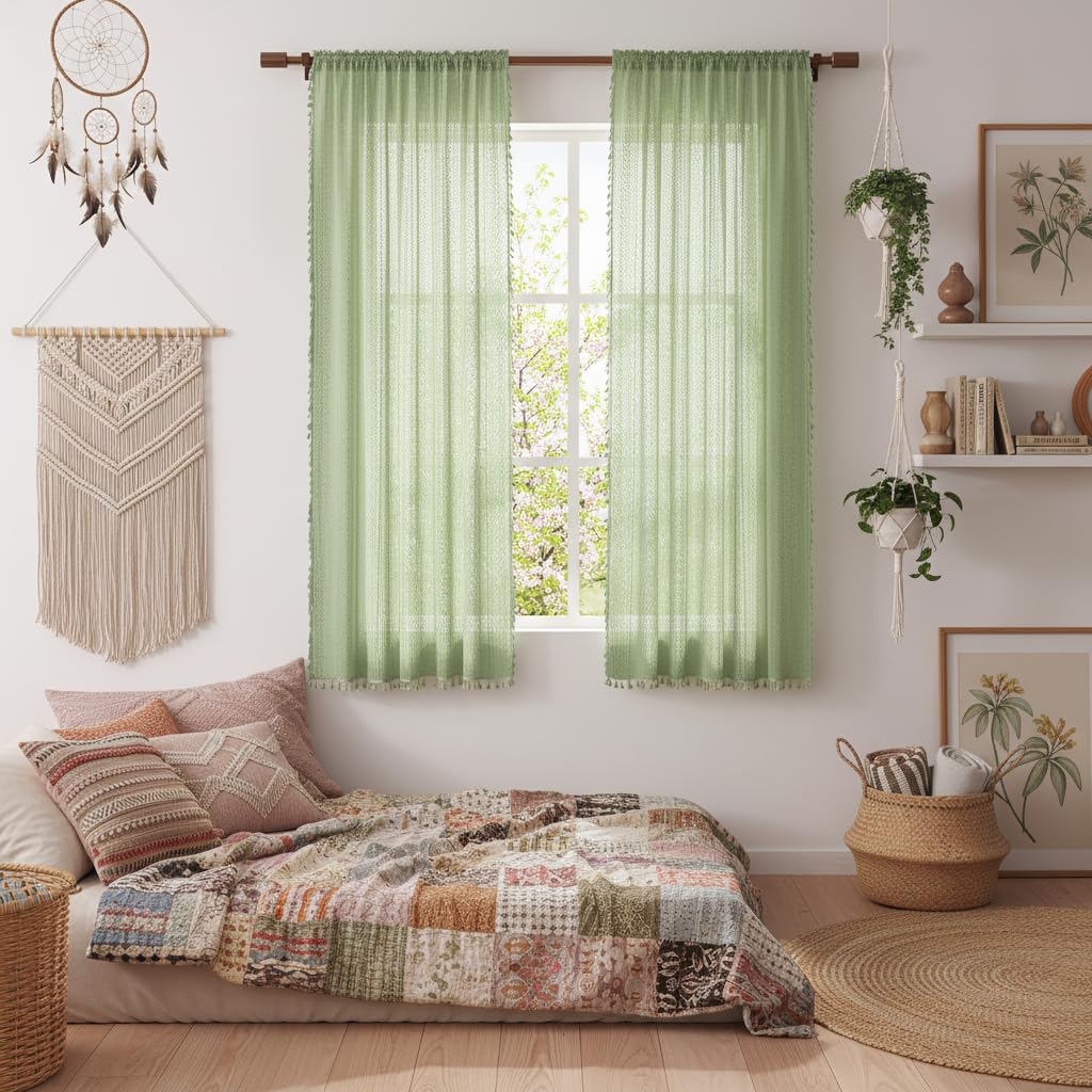 WAZZIO Boho Crochet Curtains for Living Room Lace Curtains 84 Inches Long 2 Panel, Rod Pocket Vintage Tassel Bohemian Decor Geometry Striped Light Filtering Semi Sheer Curtain Drapes for Bedroom,Beige