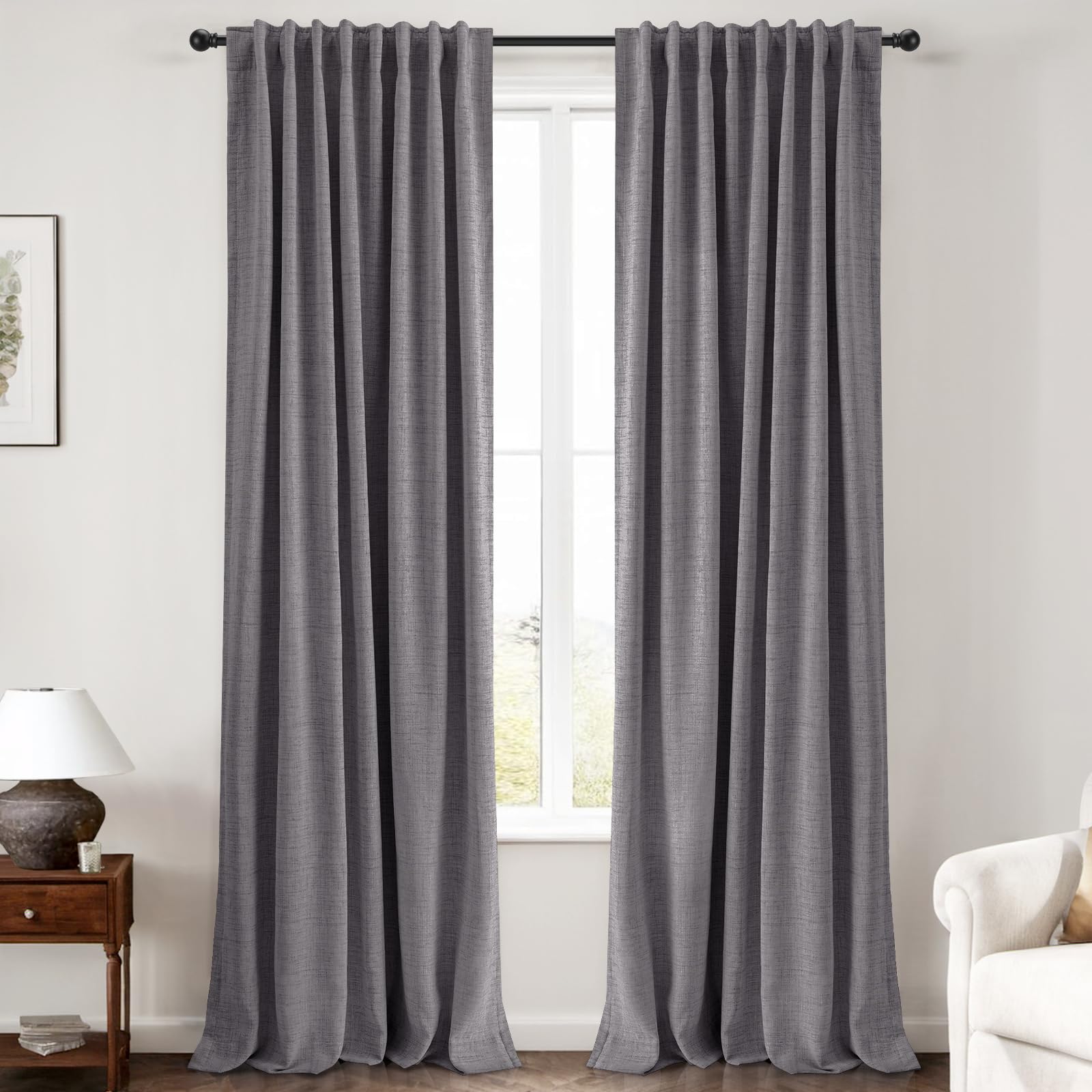 INOVADAY 100% Blackout Curtains 96 Inches Length 2 Panels Set, Back Tab/Rod Pocket Linen Black Out Curtains for Bedroom, Thermal Insulated Window Drapes - Cream, W50 X L96