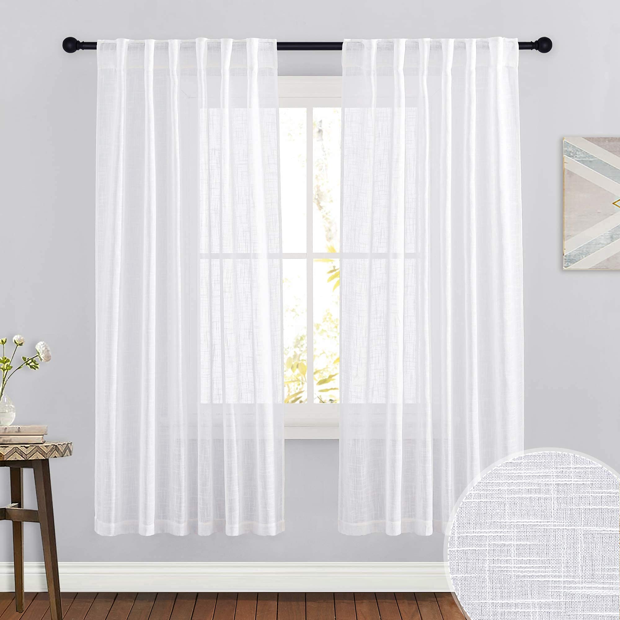 RYB HOME White Sheer Curtains Linen Texture Window Panels, Semi Sheer Light Filetring Rod Pocket & Back Tab Drapes for Bedroom, 52 x 84 inches, Pack of 2